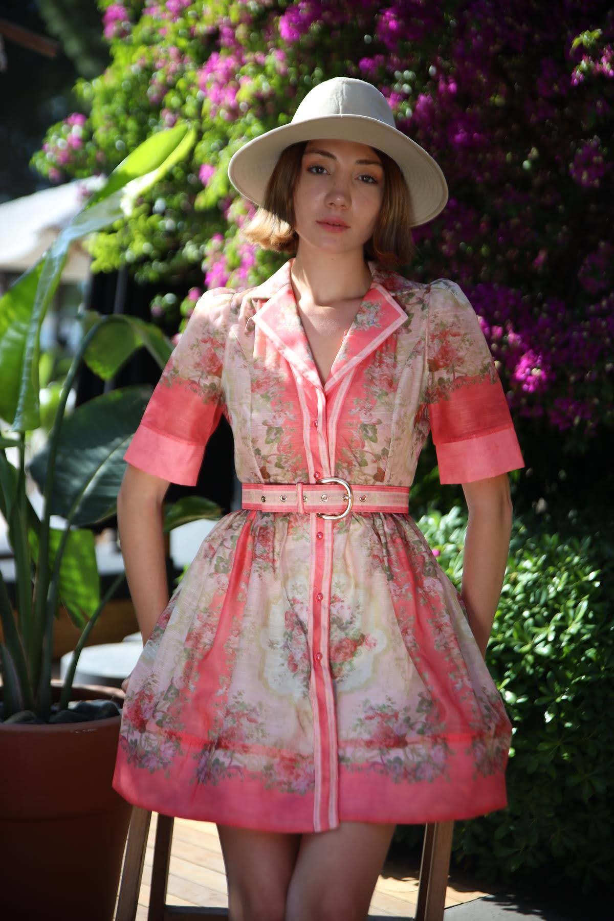 Somon Rengi Etnik Desenli Kemerli Elbise - Şaman Butik Somon Rengi Etnik Desenli Kemerli Elbise