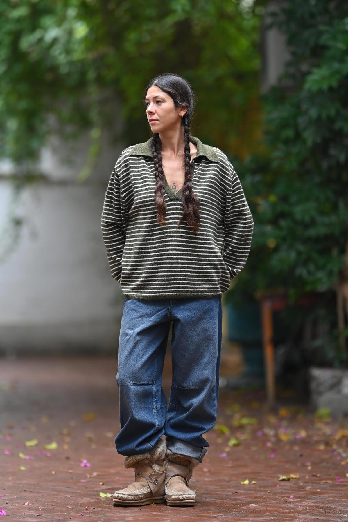 Haki Çizgili Polo Yaka Kazak