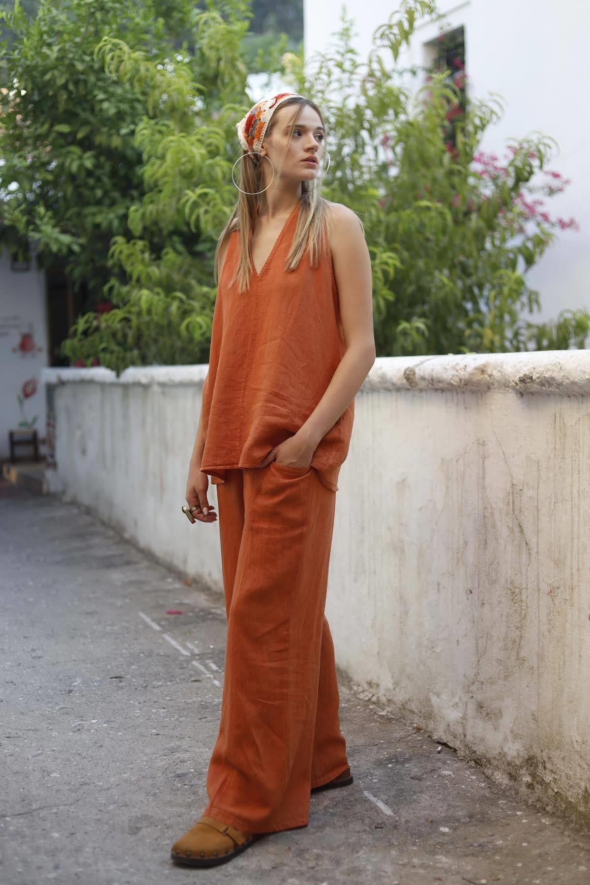 Kiremit Rengi Cep Detaylı Keten Pantolon