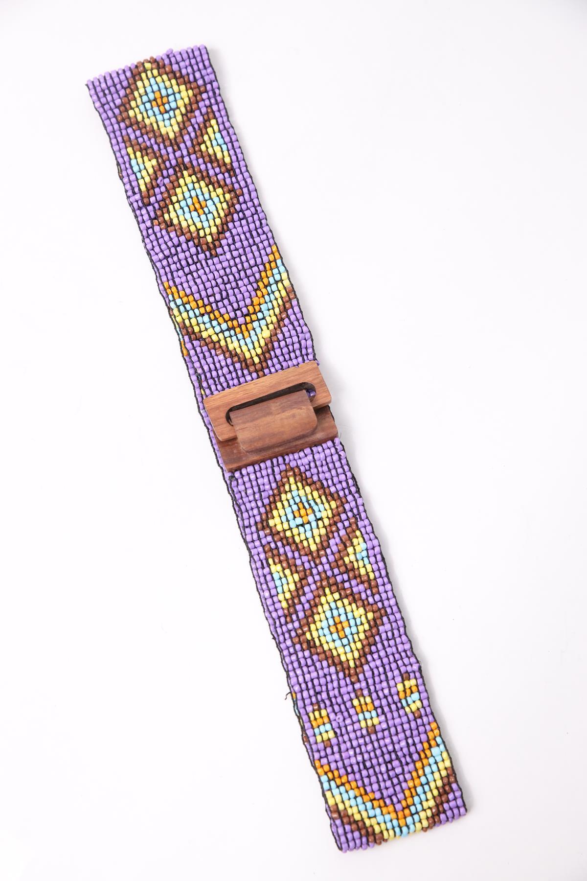Purple Wooden Buckle Detailed Beaded Elastic Belt