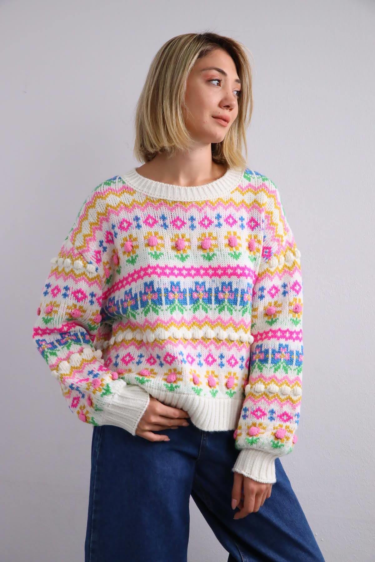 Renkli Bisiklet Yaka Kabartma Detaylı Kazak - Şaman Butik Renkli Bisiklet Yaka Kabartma Detaylı Kazak