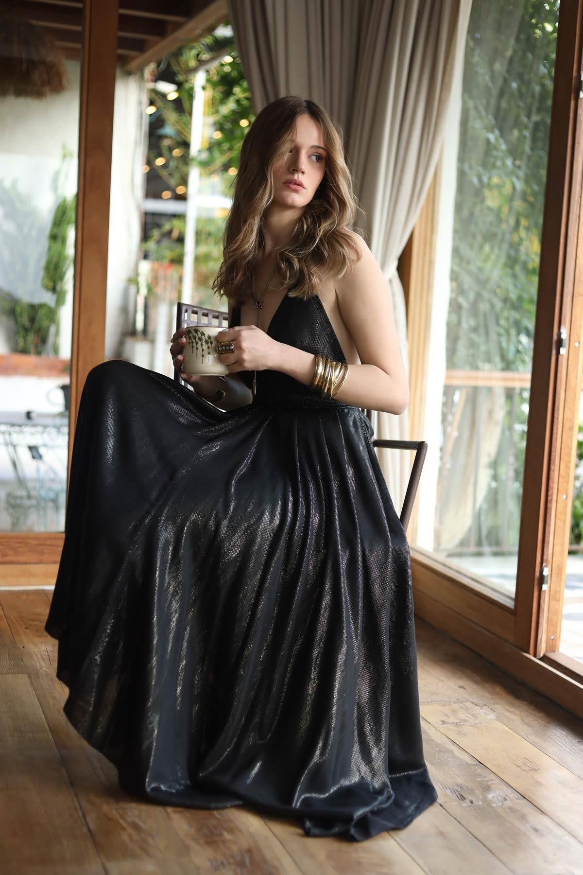 Black Strappy Belted Dress