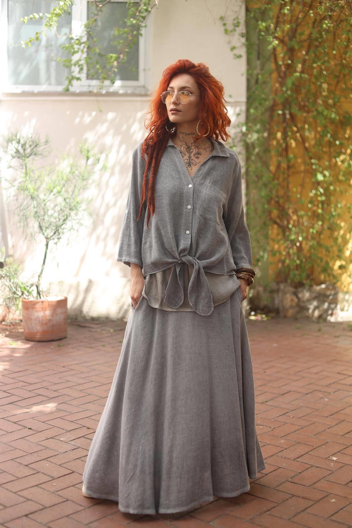 Gray Pocket Detailed Linen Shirt 