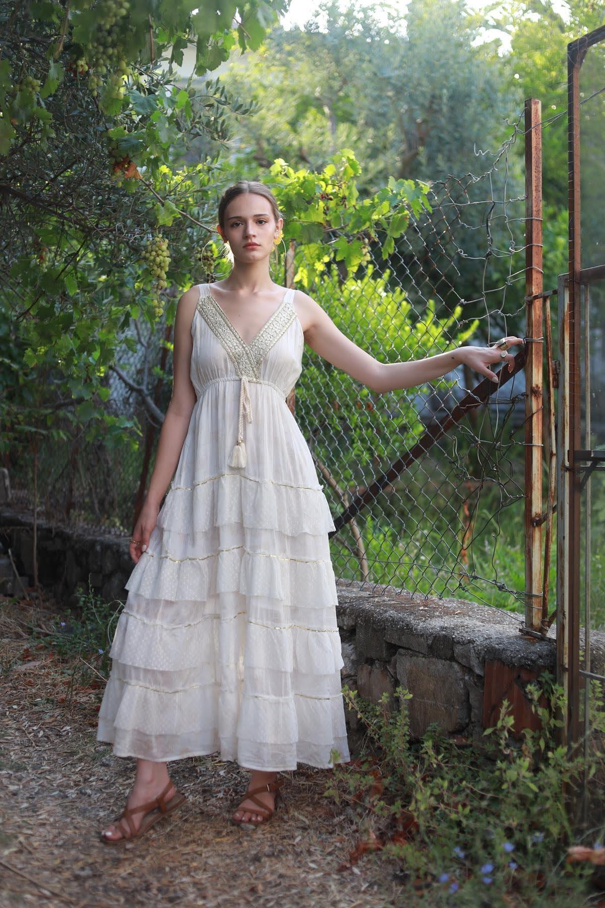 White Embroidered Tulle Detailed Bohemian Dress