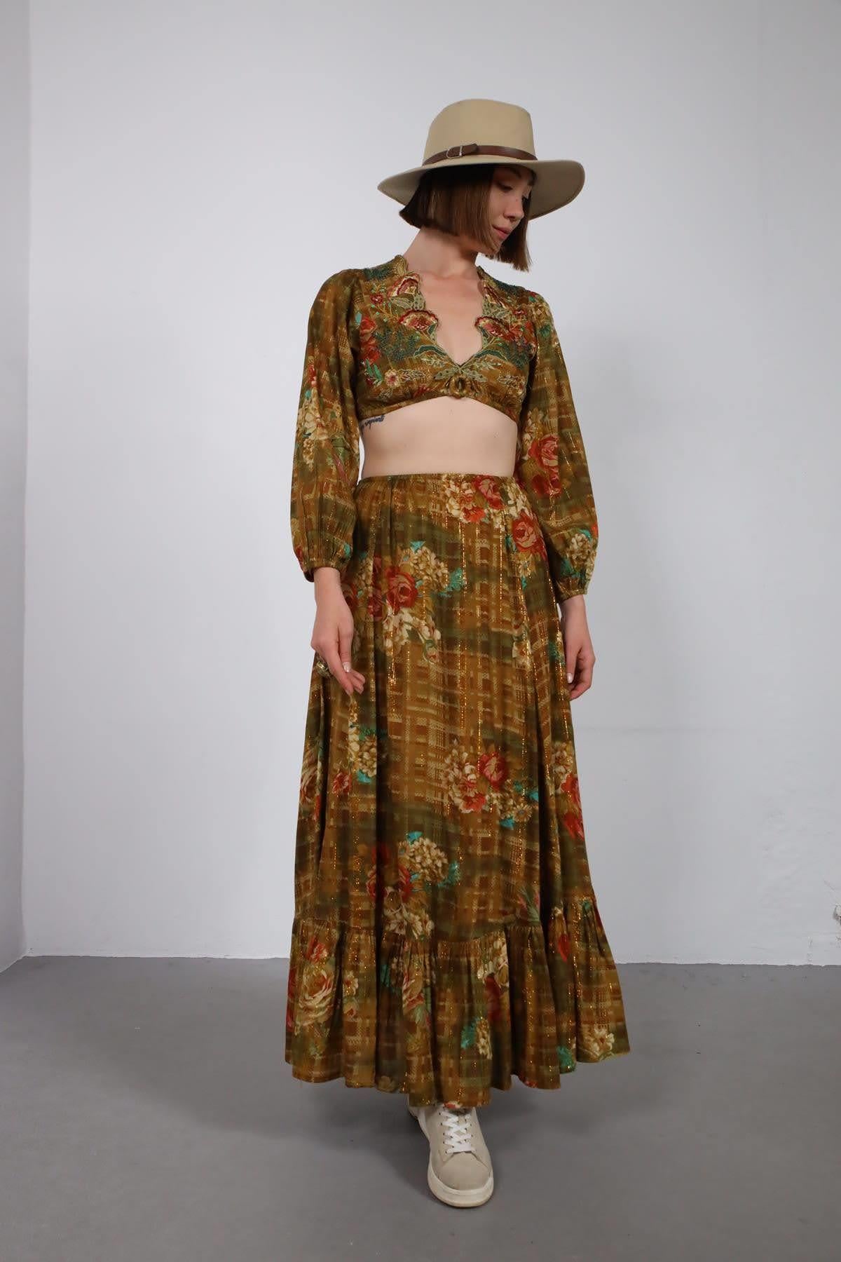 Kahverengi Gipeli Otantik İşlemeli Uzun Bluz ve Etek Takım - Şaman Butik Kahverengi Gipeli Otantik İşlemeli Uzun Bluz ve Etek Takım