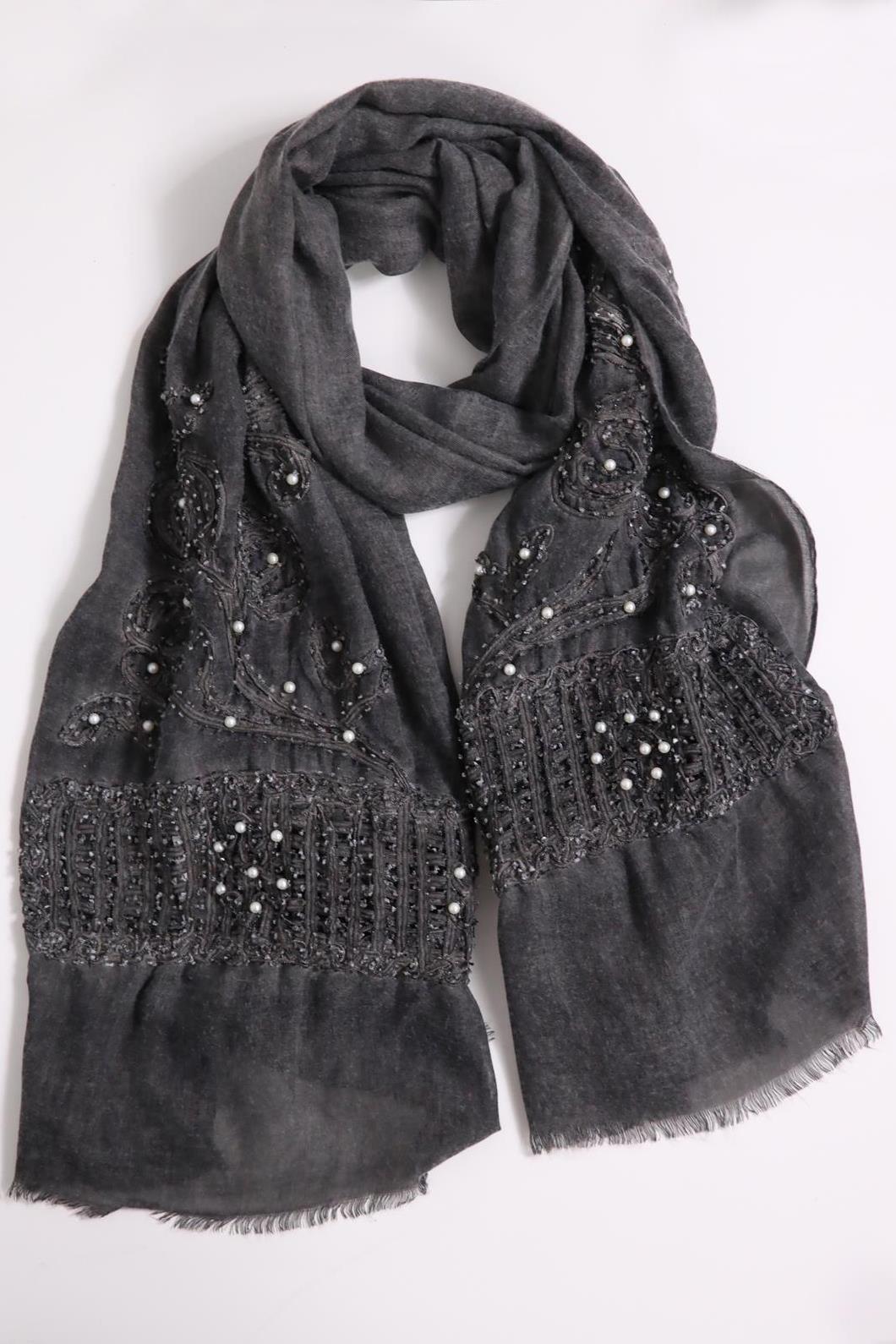 Antrasit File Detay İnci İşlemeli Şal - Şaman Butik Antrasit File Detay İnci İşlemeli Şal