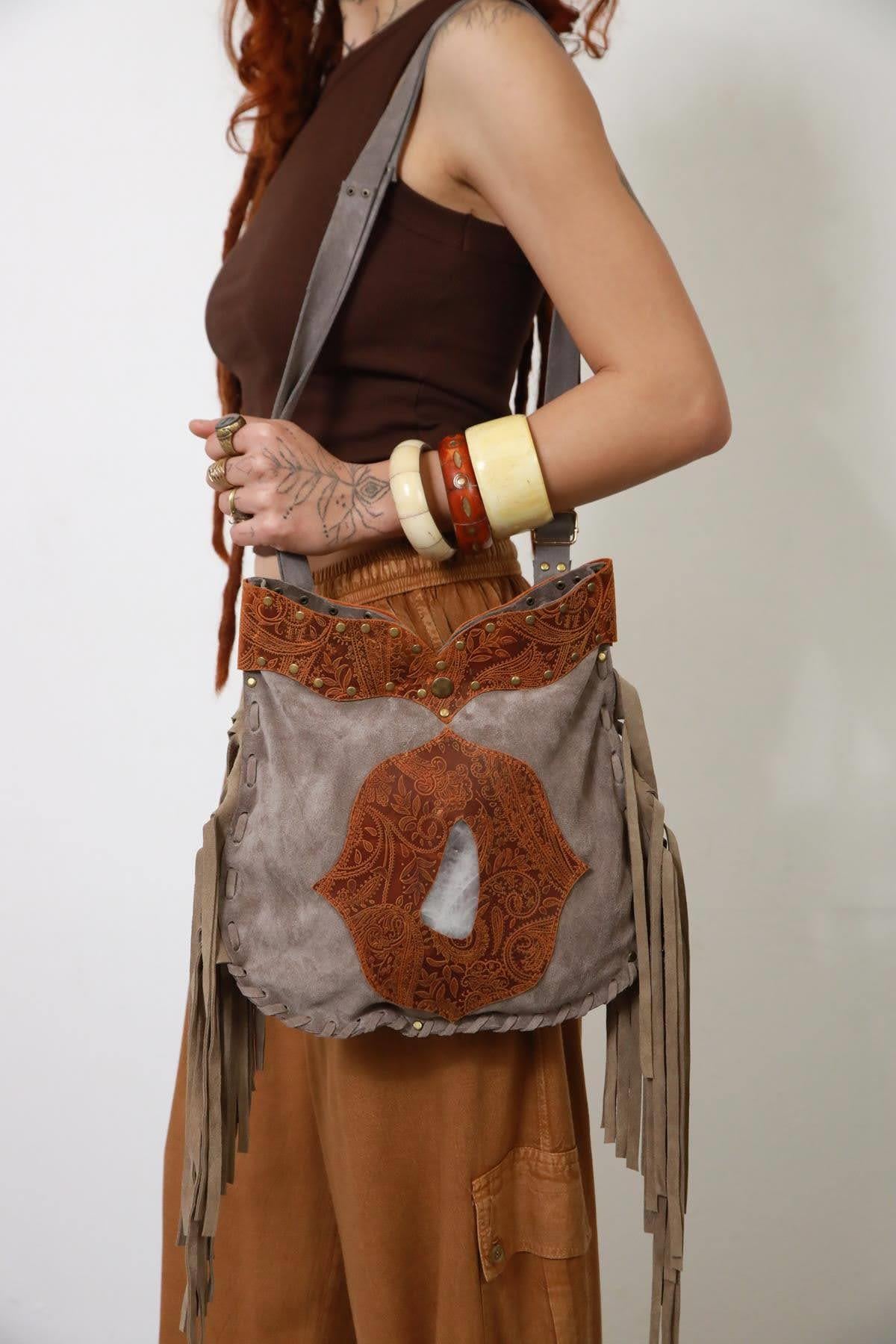 Mink Embossed Leather Detailed Suede Bag