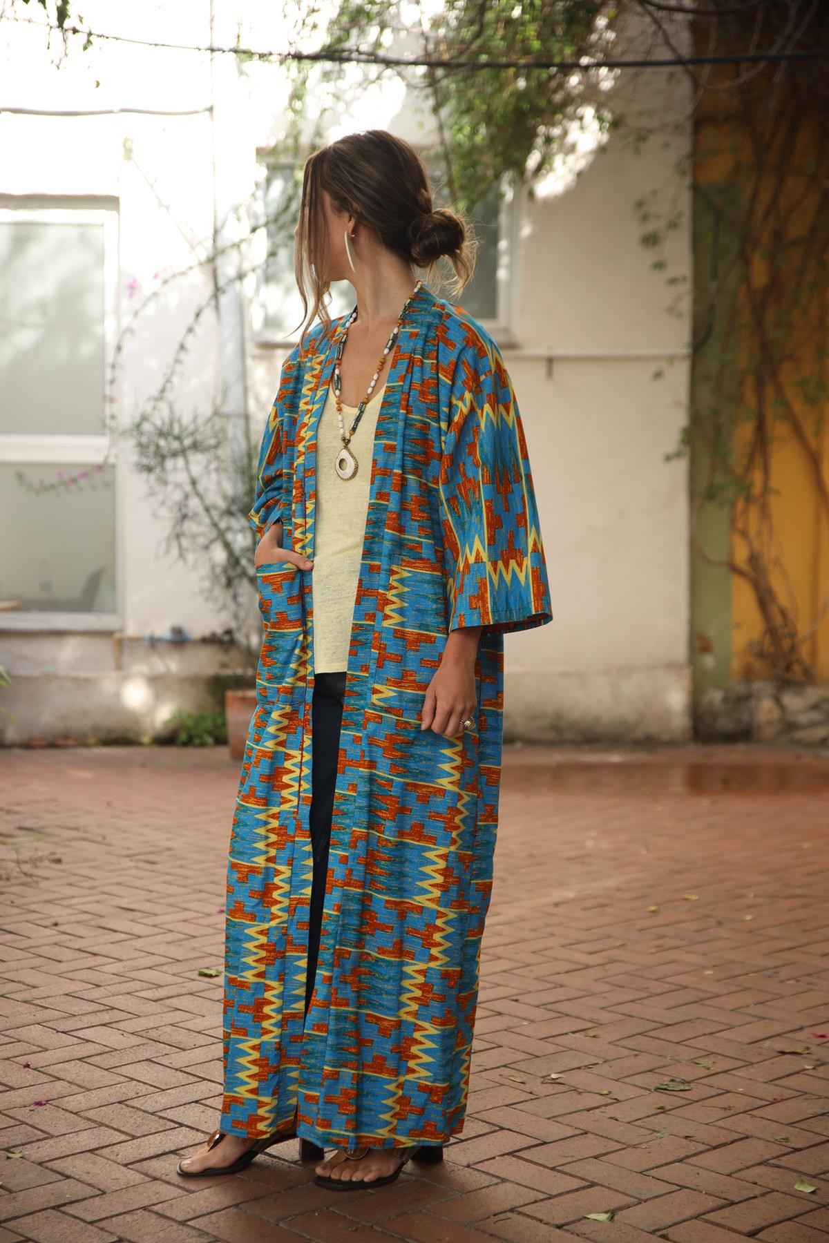 Mavi Büyük Cepli Uzun Kaftan
