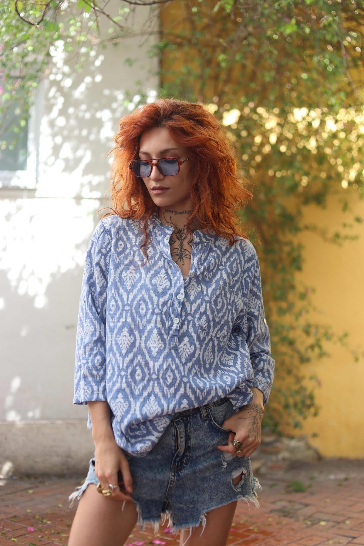 Indigo Blue Patterned Three Button Shirt