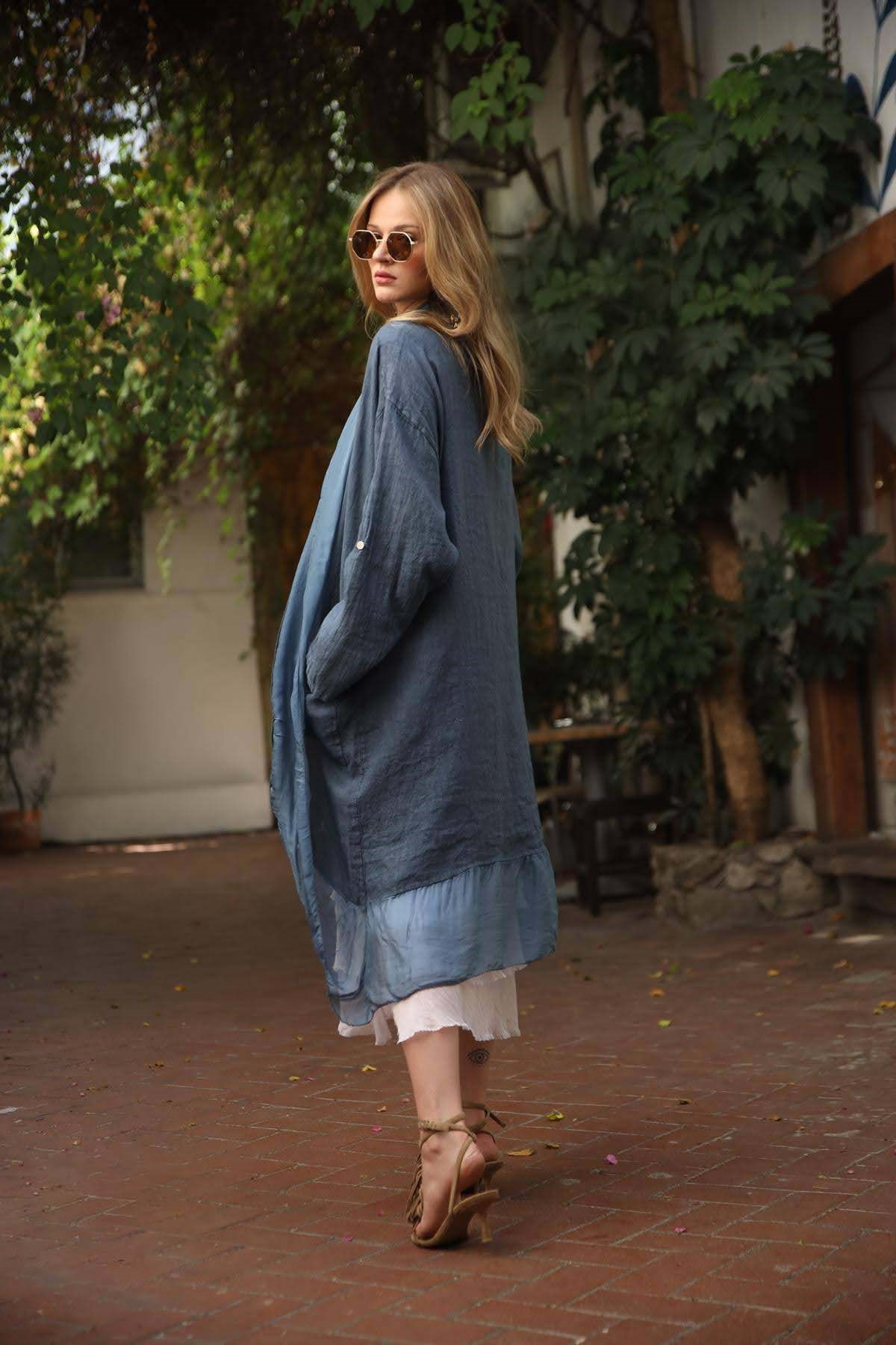 Lacivert İpek Detaylı Cepli Keten Kaftan