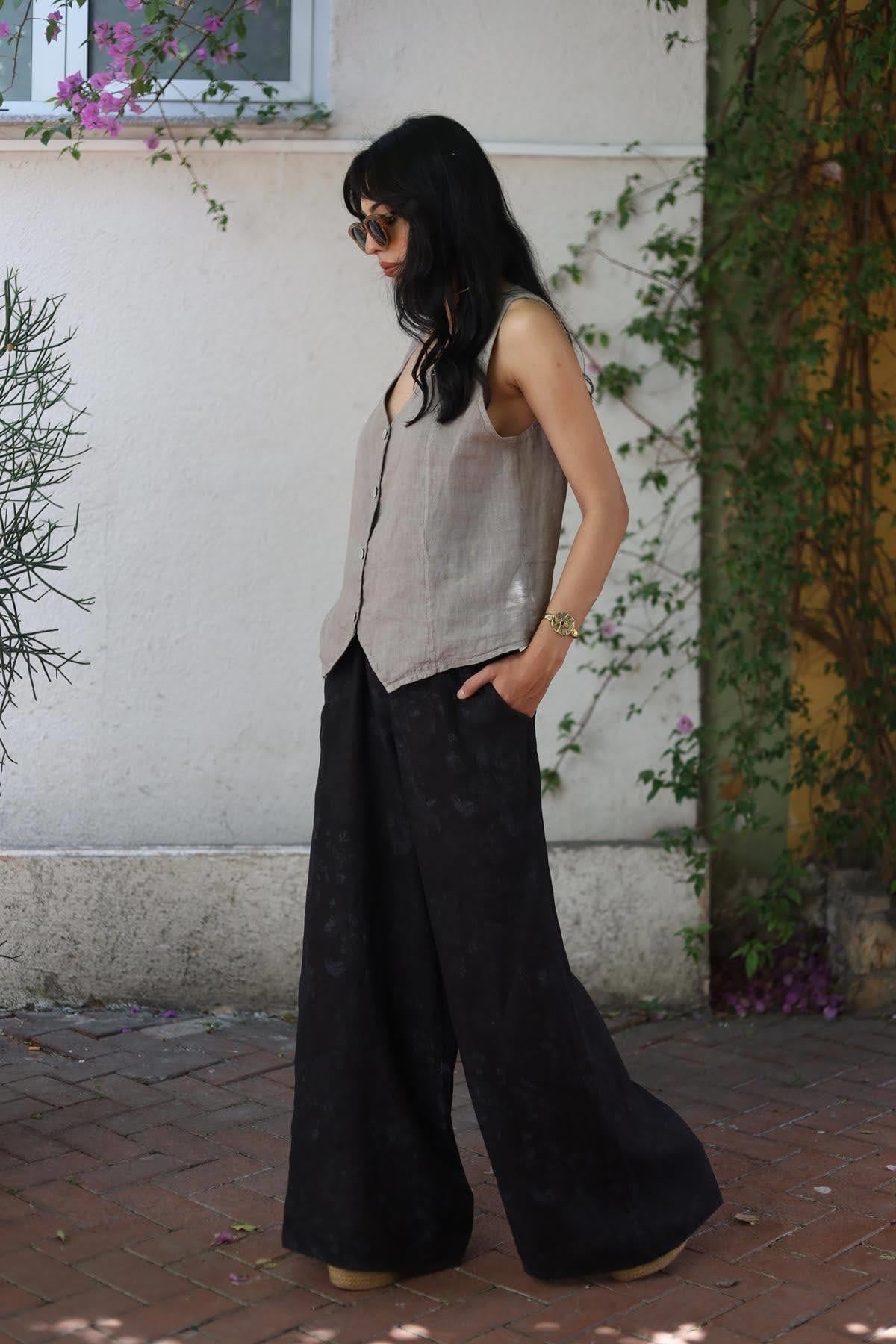 Black Floral Patterned Elastic Waist Asena Pants