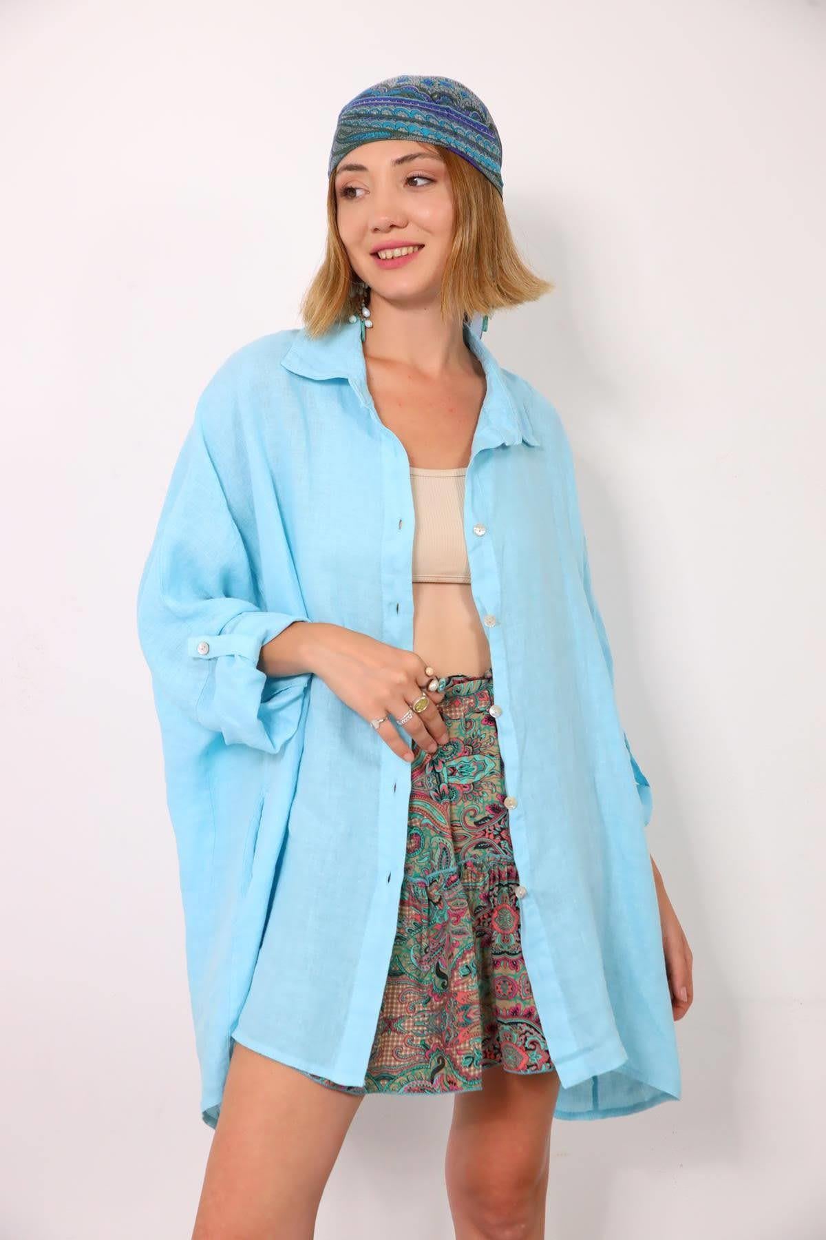 Bebek Mavisi Kolları Apoletli Uzun Keten Gömlek - Şaman Butik Bebek Mavisi Kolları Apoletli Uzun Keten Gömlek