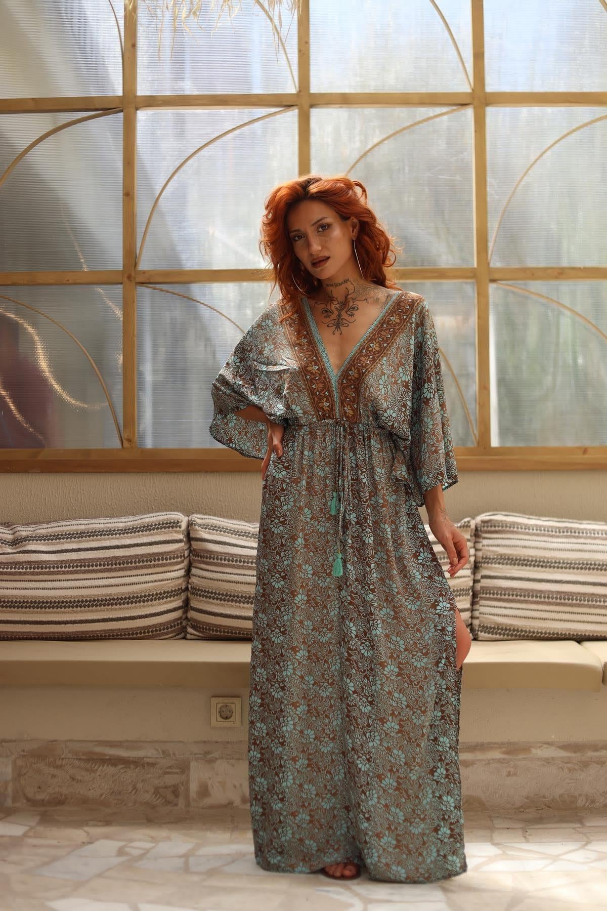 Turquoise V Neck Pleated Waist Silk Dress