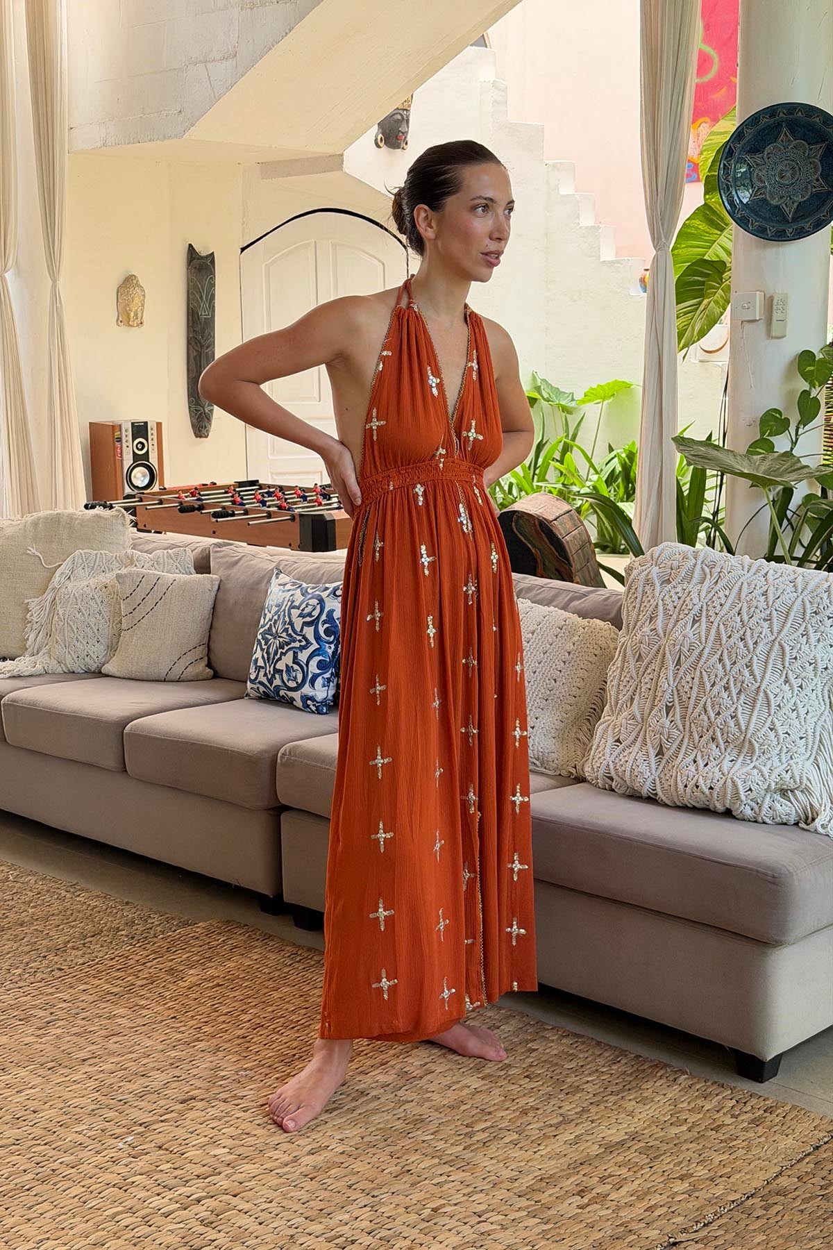 Kiremit Rengi Pullu Ayna Detaylı Örgü Askılı Elbise