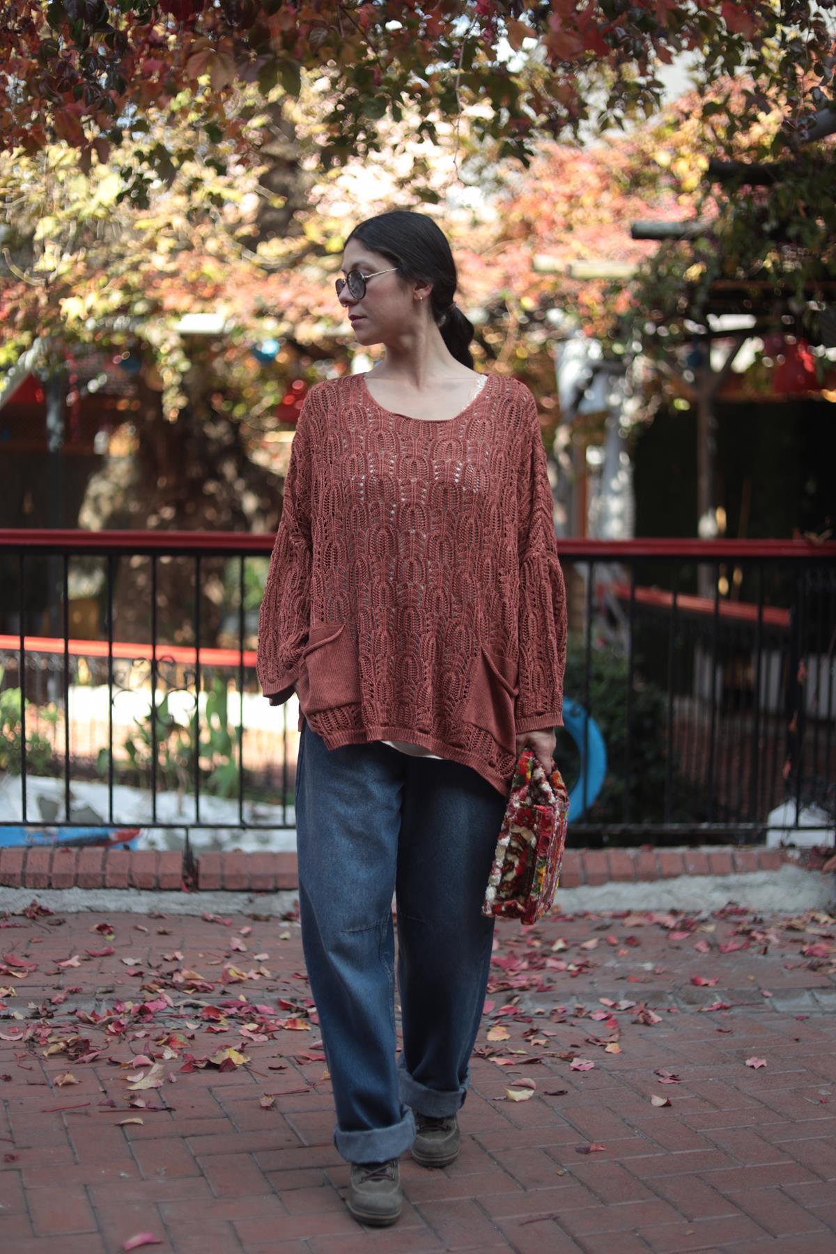 Kiremit Rengi Örgü Desenli Yıkama Triko Tunik