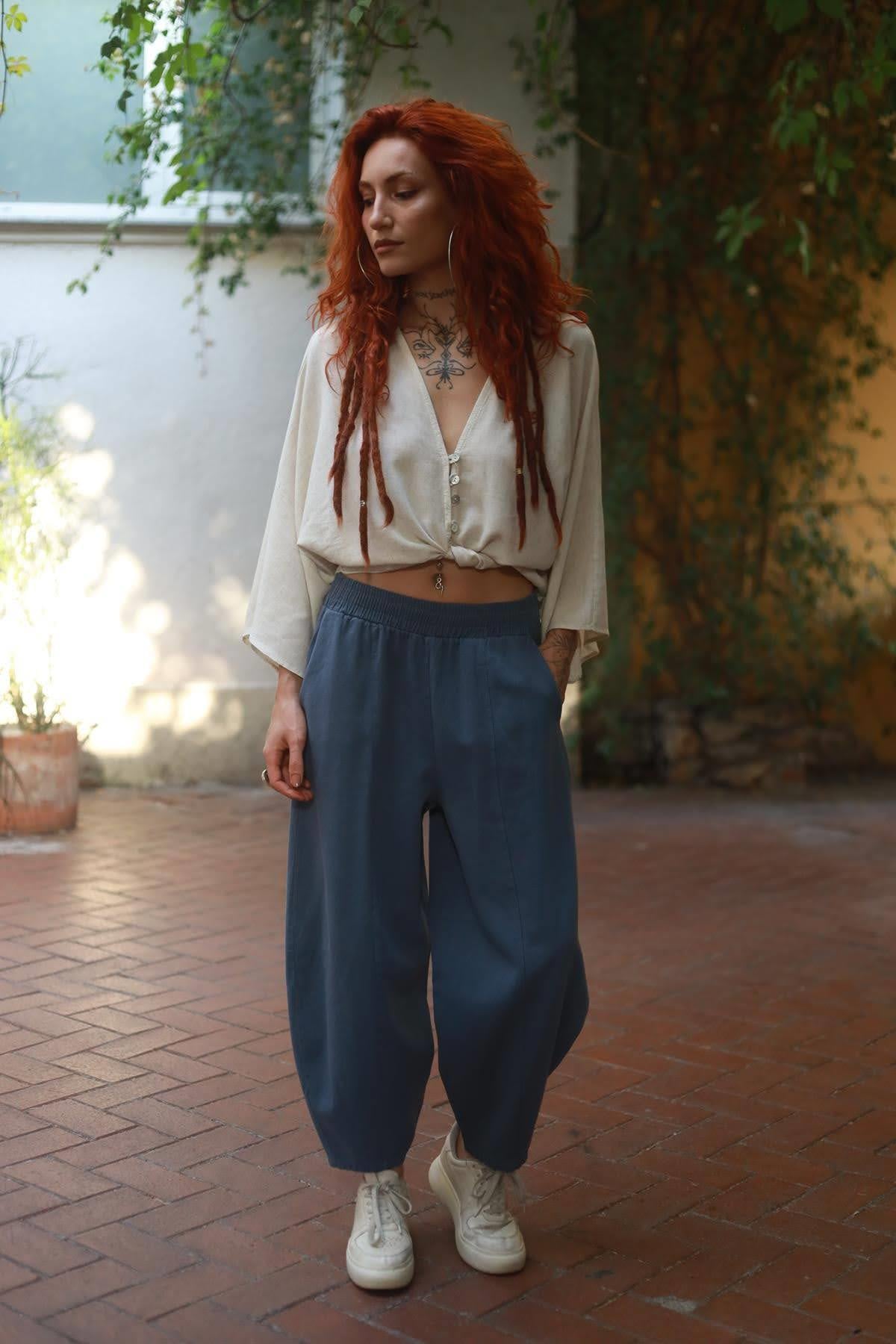 İndigo Mavi Dikiş Detaylı Salaş Pantolon