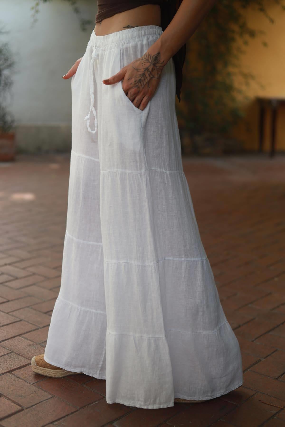 Beyaz Kat Kat Dikiş Detaylı Keten Pantolon