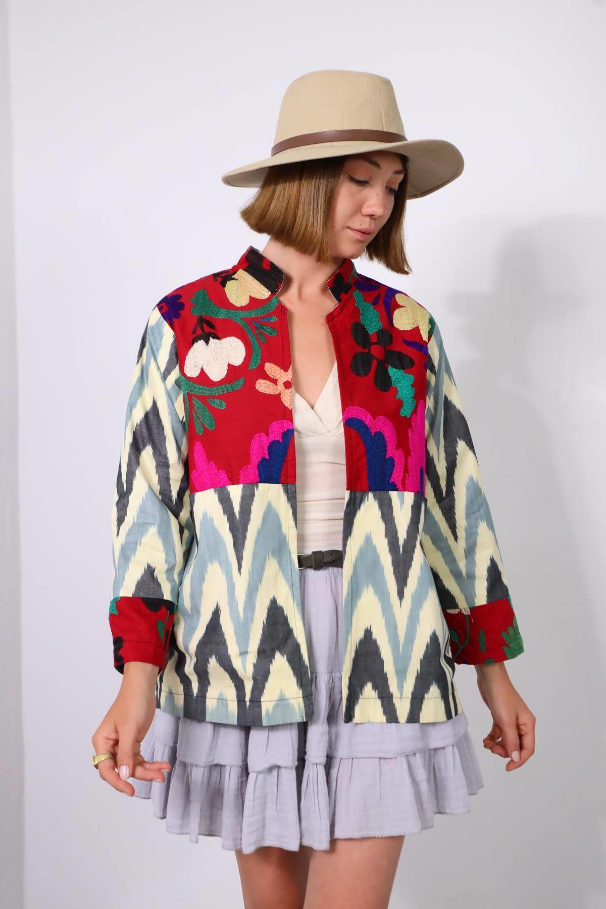 İndigo Mavi Suzani Kısa Kaftan - Şaman Butik İndigo Mavi Suzani Kısa Kaftan