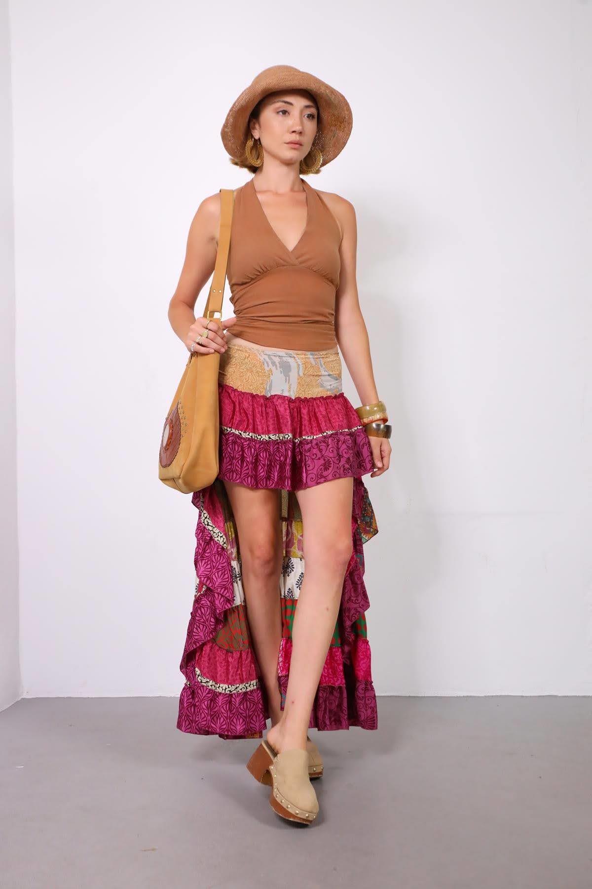 Renkli Volanlı Arkası Uzun Otantik Patchwork Etek - Şaman Butik Renkli Volanlı Arkası Uzun Otantik Patchwork Etek