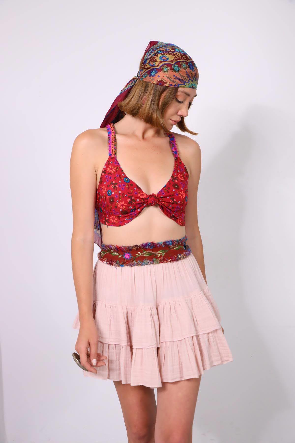Fuşya Çiçek Desenli Bağlamalı Bralet - Şaman Butik Fuşya Çiçek Desenli Bağlamalı Bralet