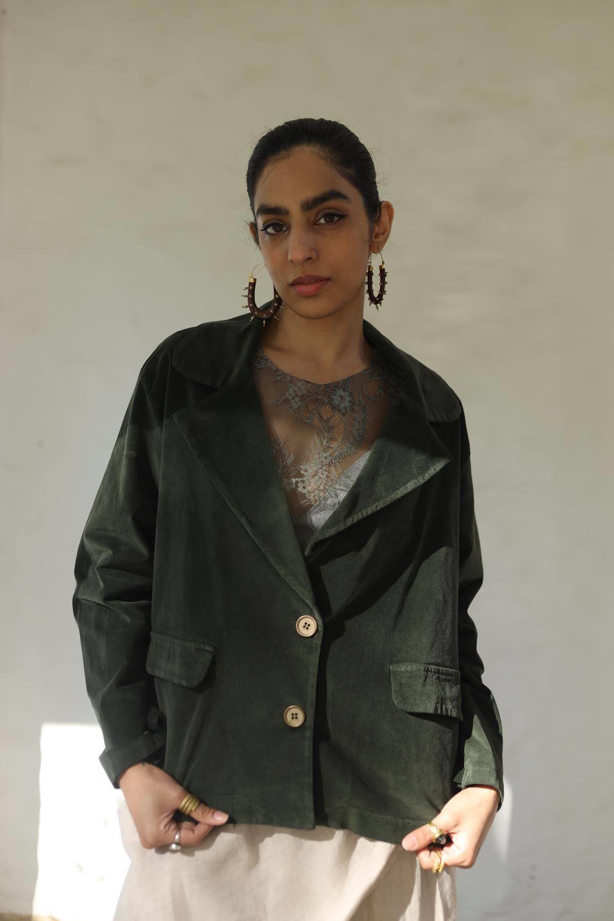 Haki Kadife Blazer Ceket