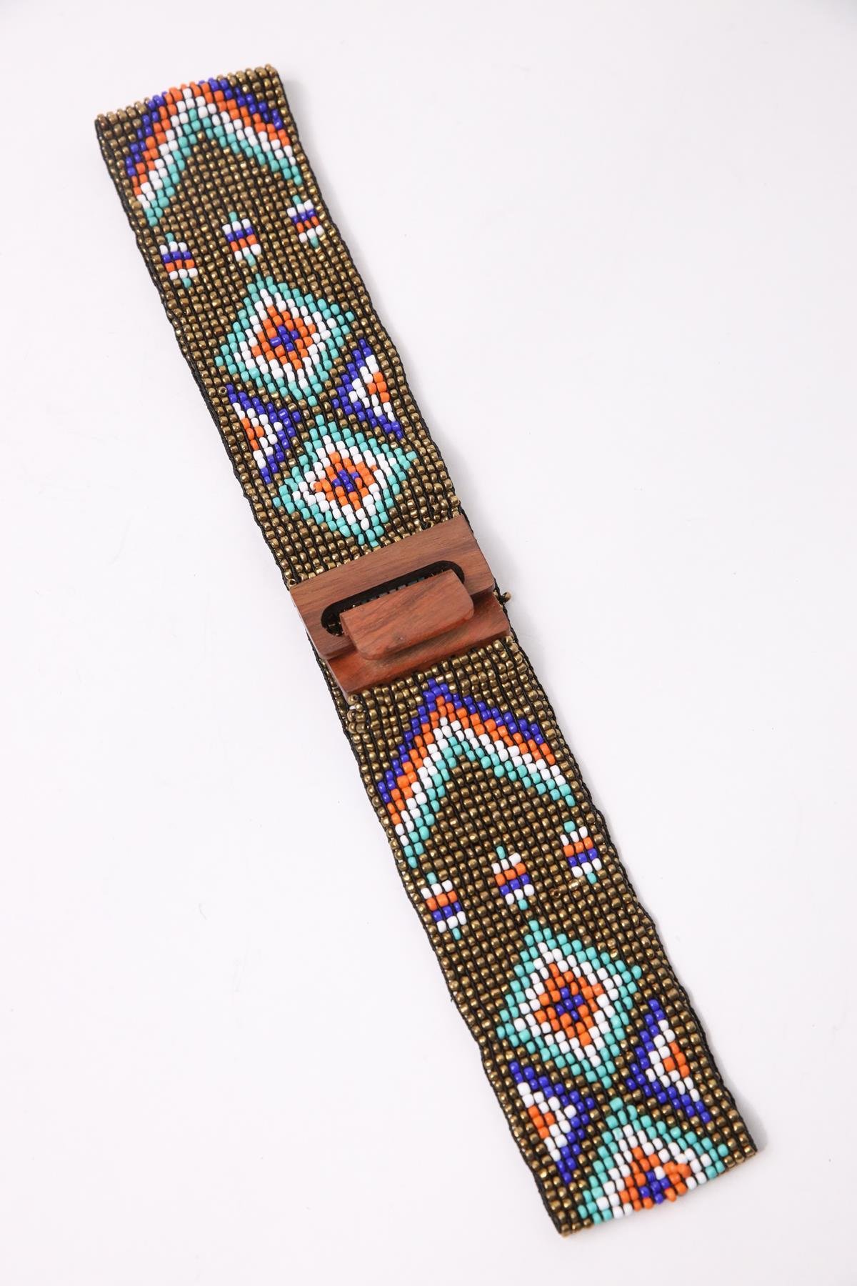 Gold Color Wooden Buckle Detailed Beaded Elastic Belt