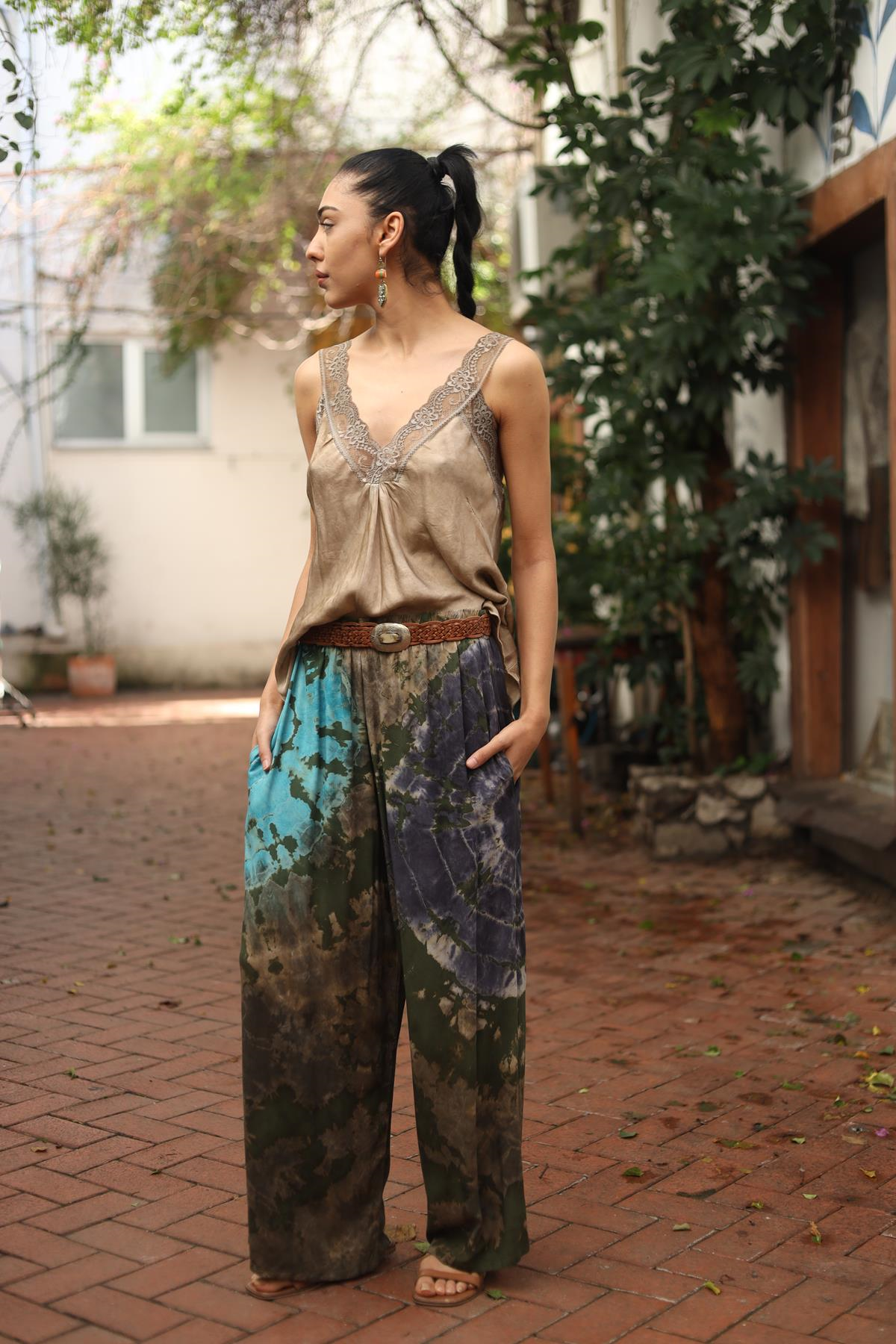Khaki Elastic Waist Tie Dye Pants