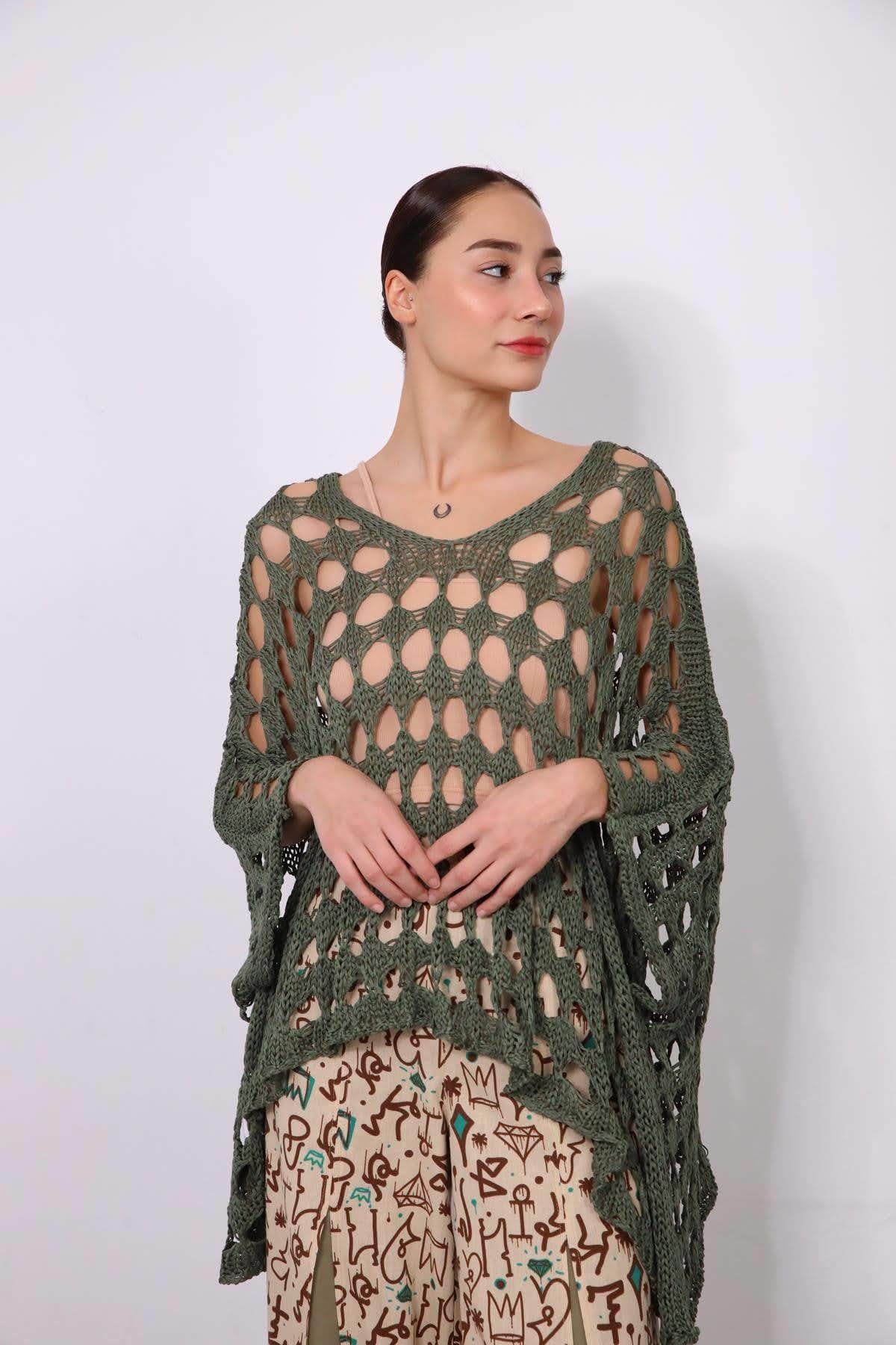 Haki Salaş File Örgü Kazak - Şaman Butik Haki Salaş File Örgü Kazak