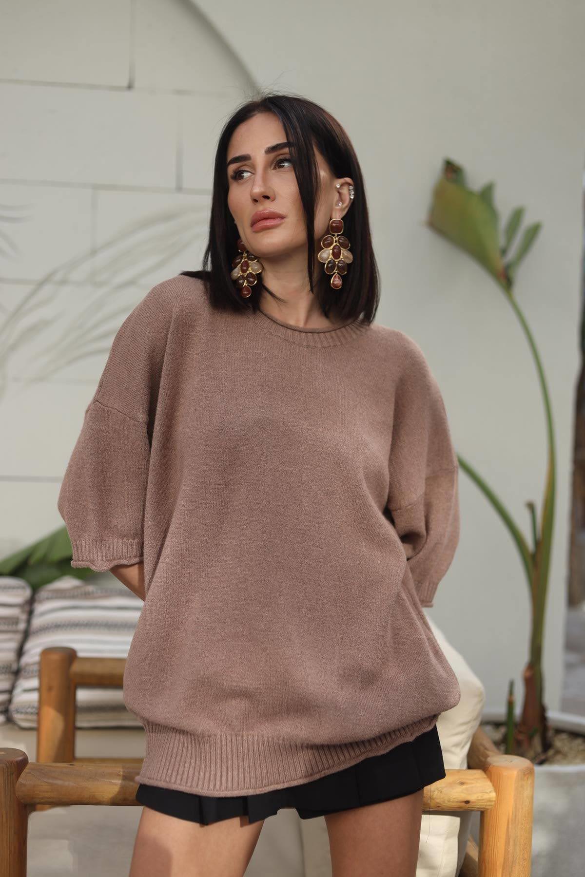 Camel Rengi Sosis Yaka Yumuşak Doku Bluz