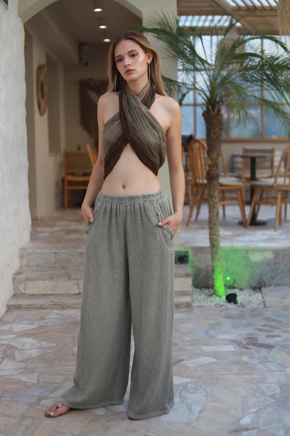 Khaki Buttoned Soft Linen Pants
