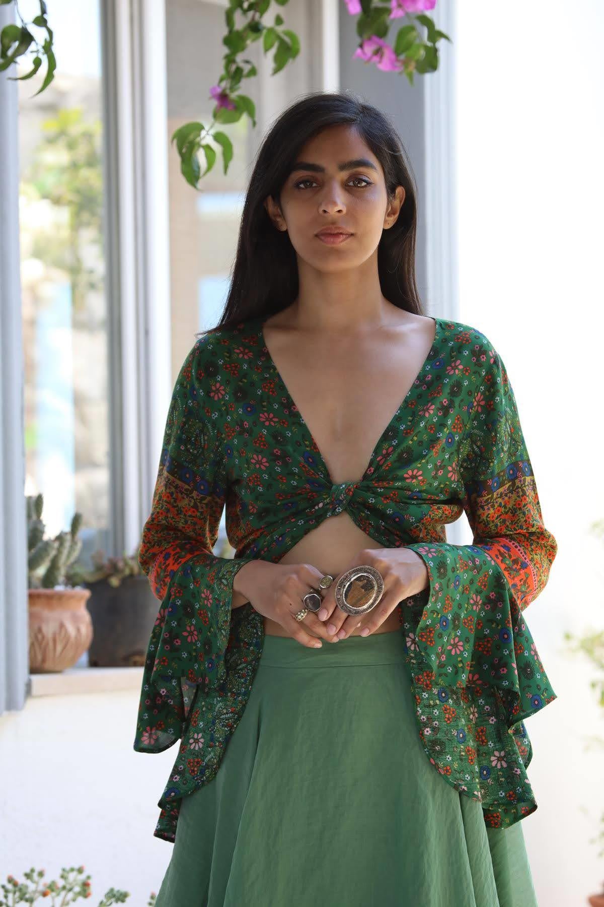 Green Patterned Flared Sleeve Wrap Crop Blouse