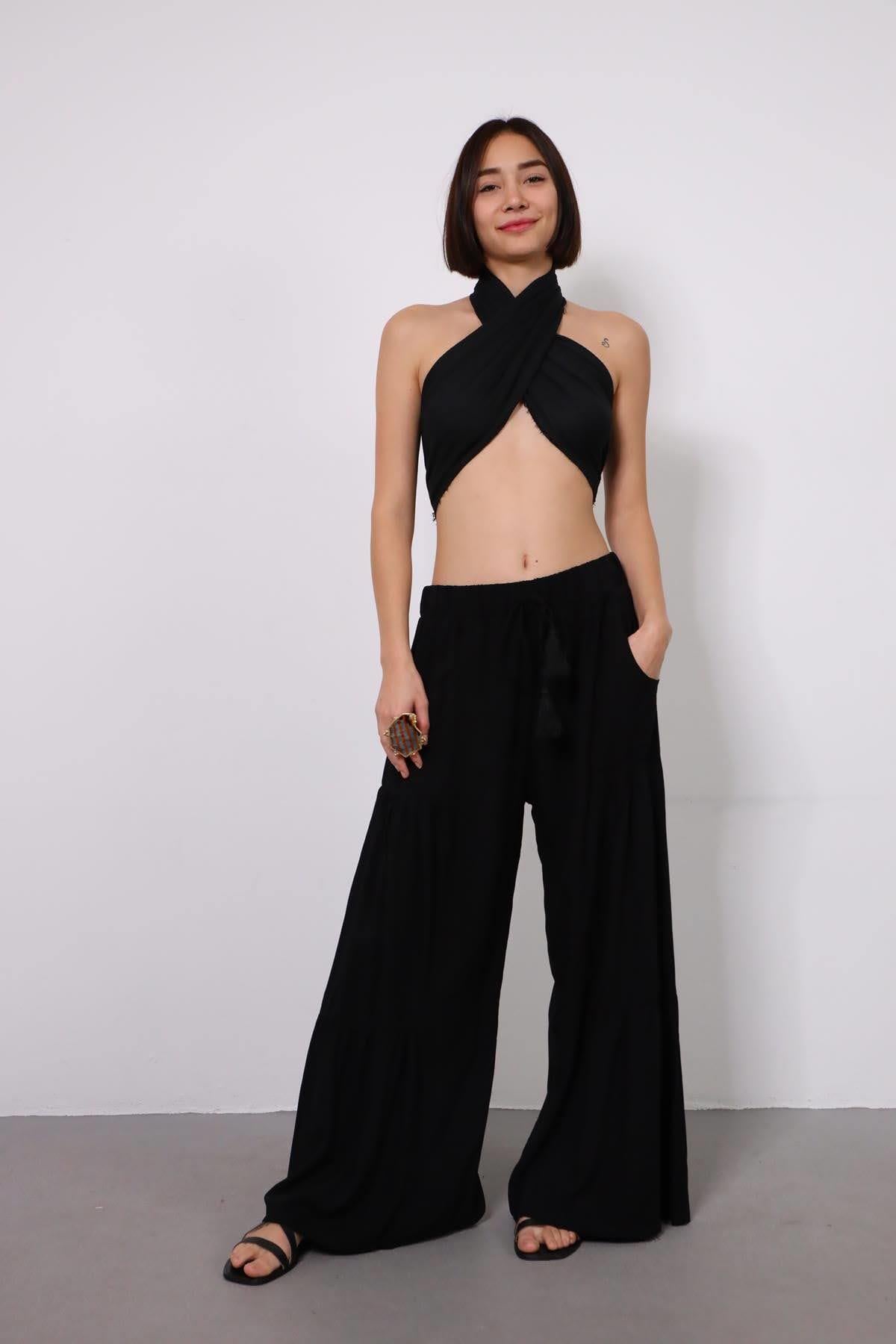 Siyah Bol Paça Rahat Pantolon - Şaman Butik Siyah Bol Paça Rahat Pantolon