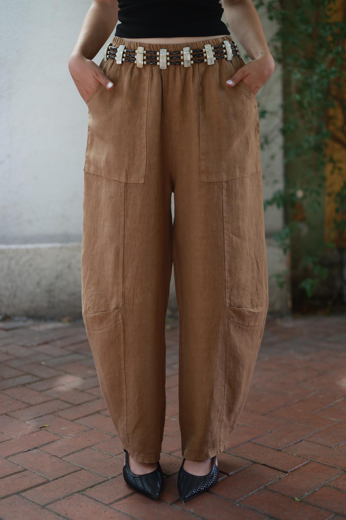 Camel Rengi Dikiş Detaylı Keten Pantolon