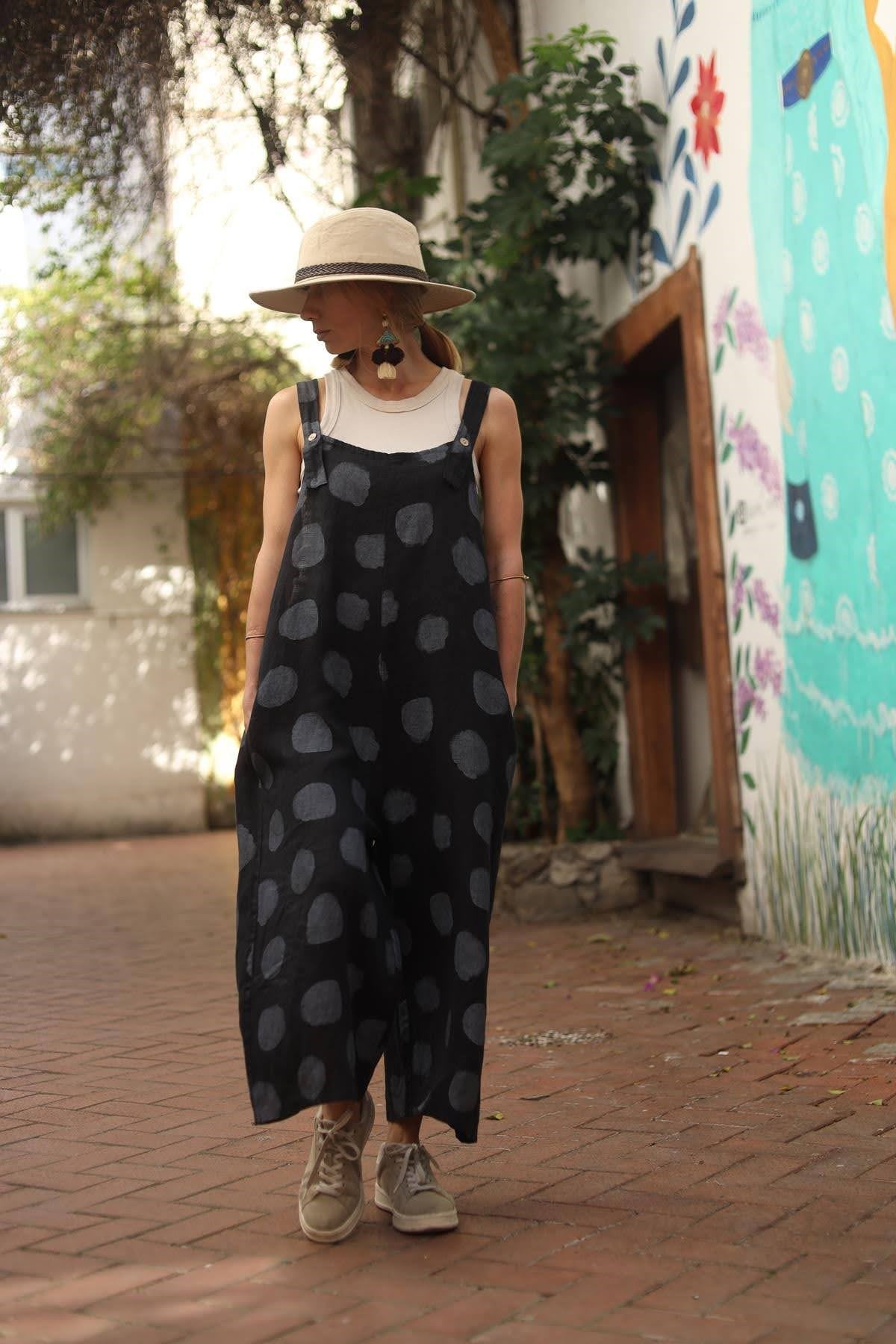 Siyah Puantiyeli Keten Salopet Tulum