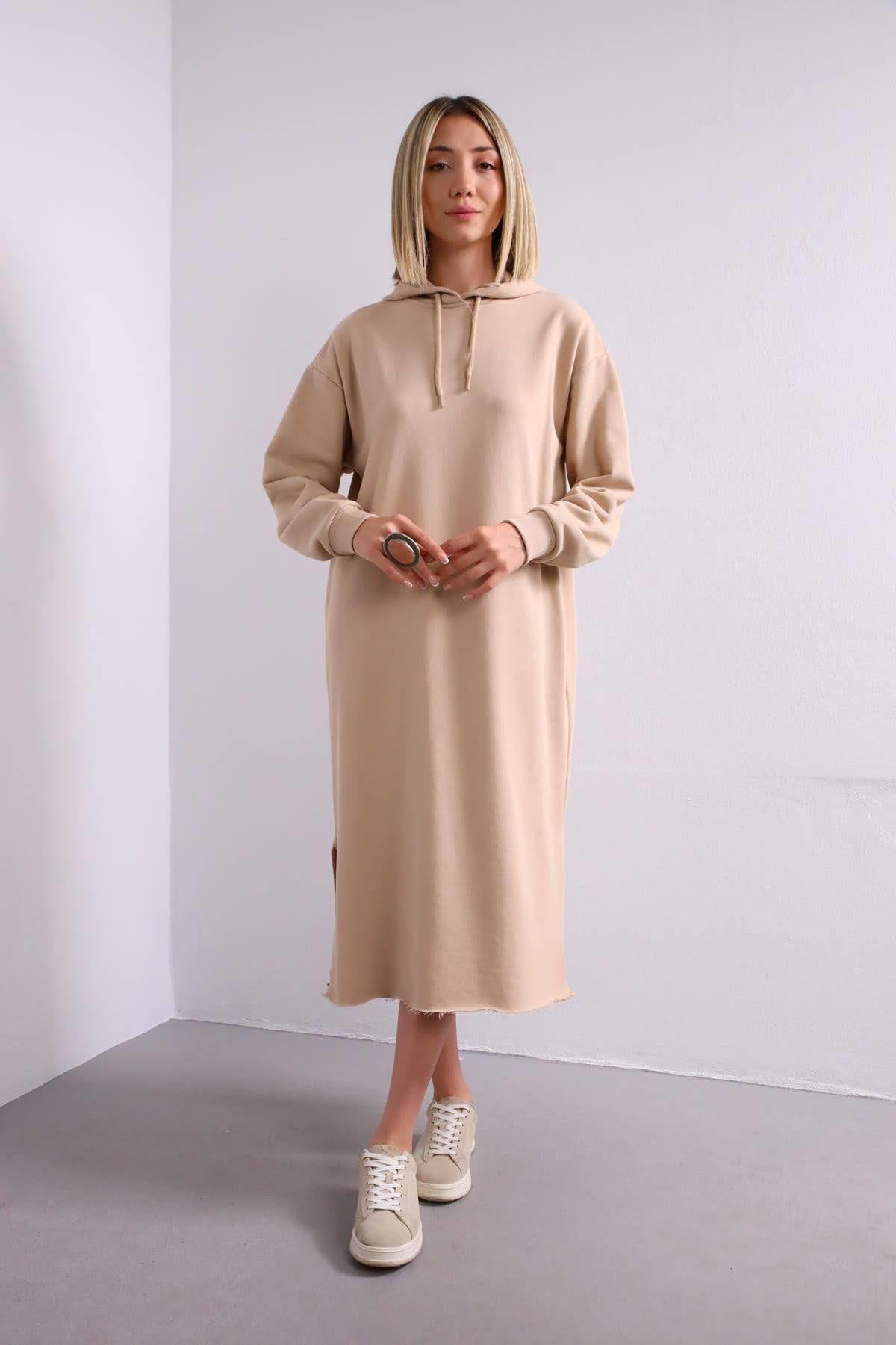 Taş Rengi Kapüşonlu Sweat Elbise - Şaman Butik Taş Rengi Kapüşonlu Sweat Elbise