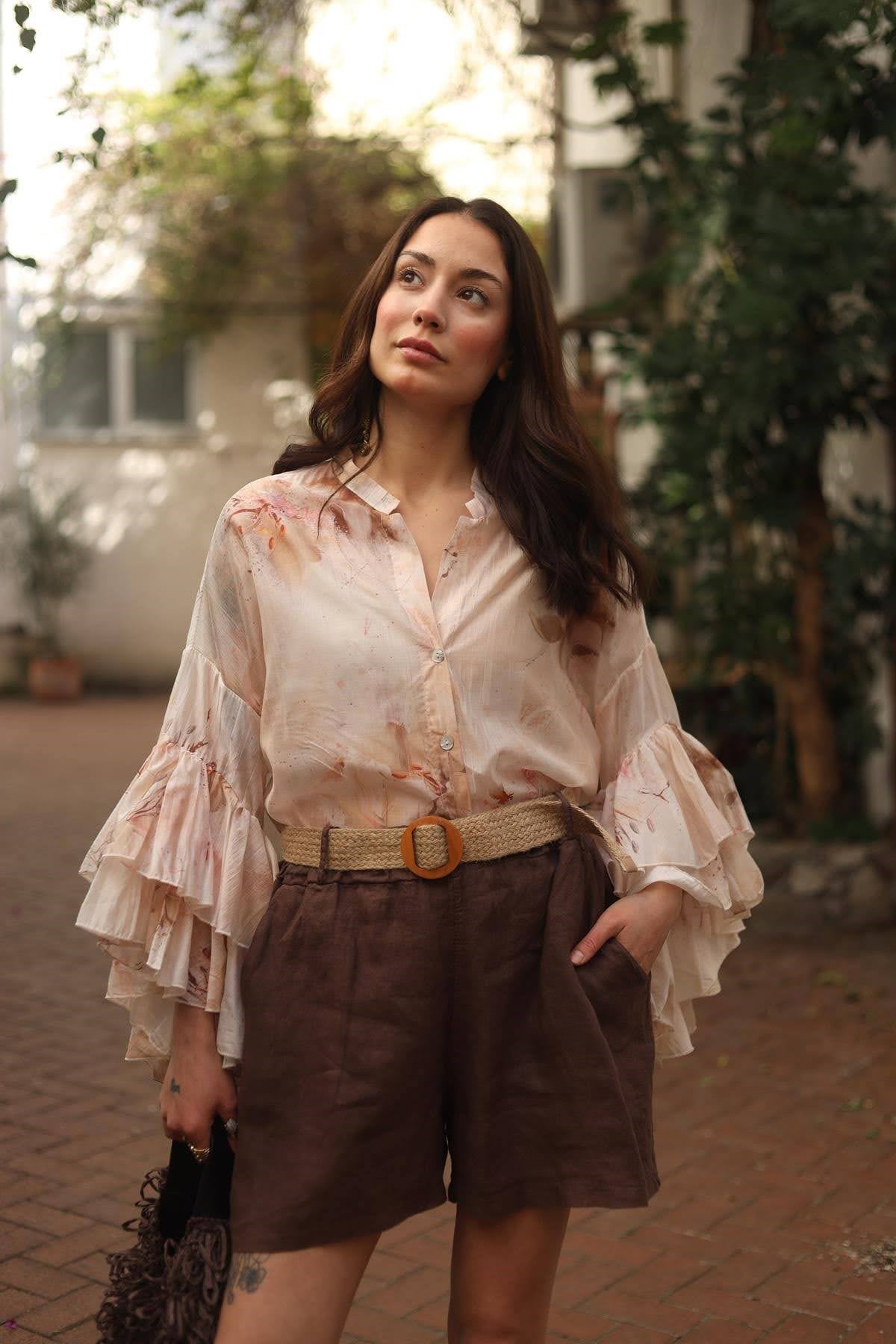 Kahverengi Beli Lastikli Keten Şort