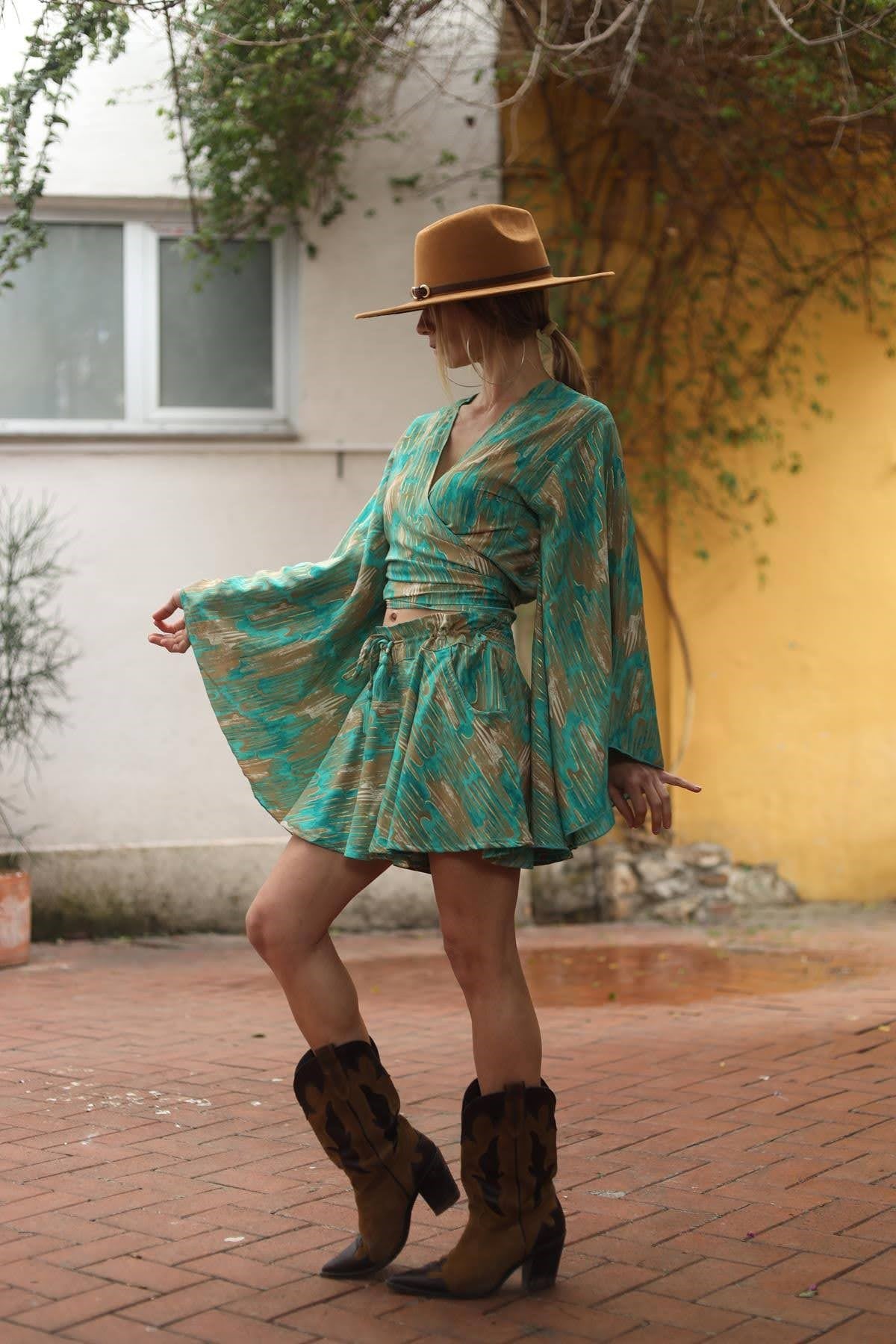 Mint Yeşili Desenli İpek Şort Etek