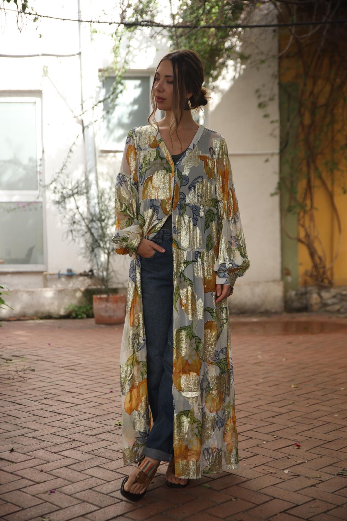 Ekru Limon Desenli Çıtçıtlı Şifon Kaftan