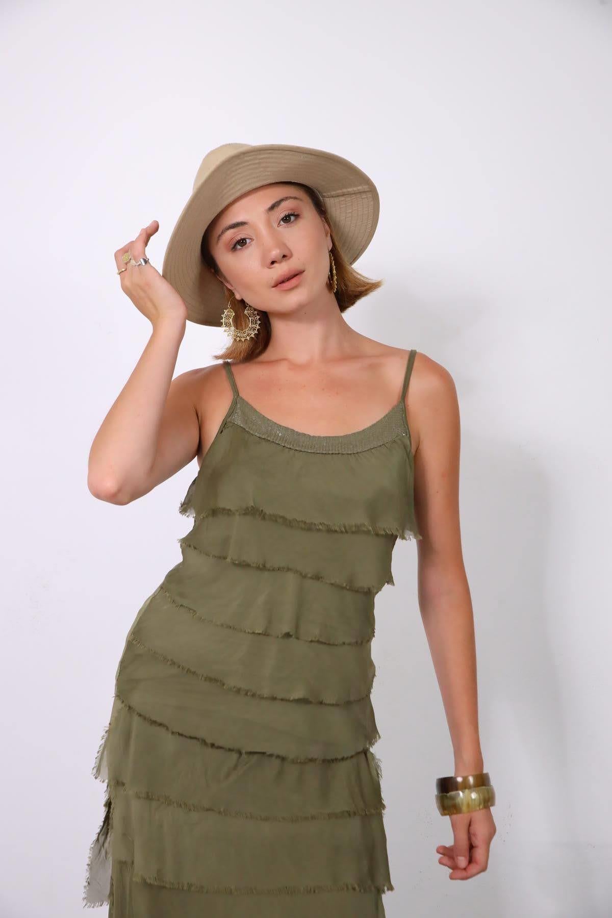 Haki Payet Detaylı Kat Kat Askılı İpek Bluz - Şaman Butik Haki Payet Detaylı Kat Kat Askılı İpek Bluz