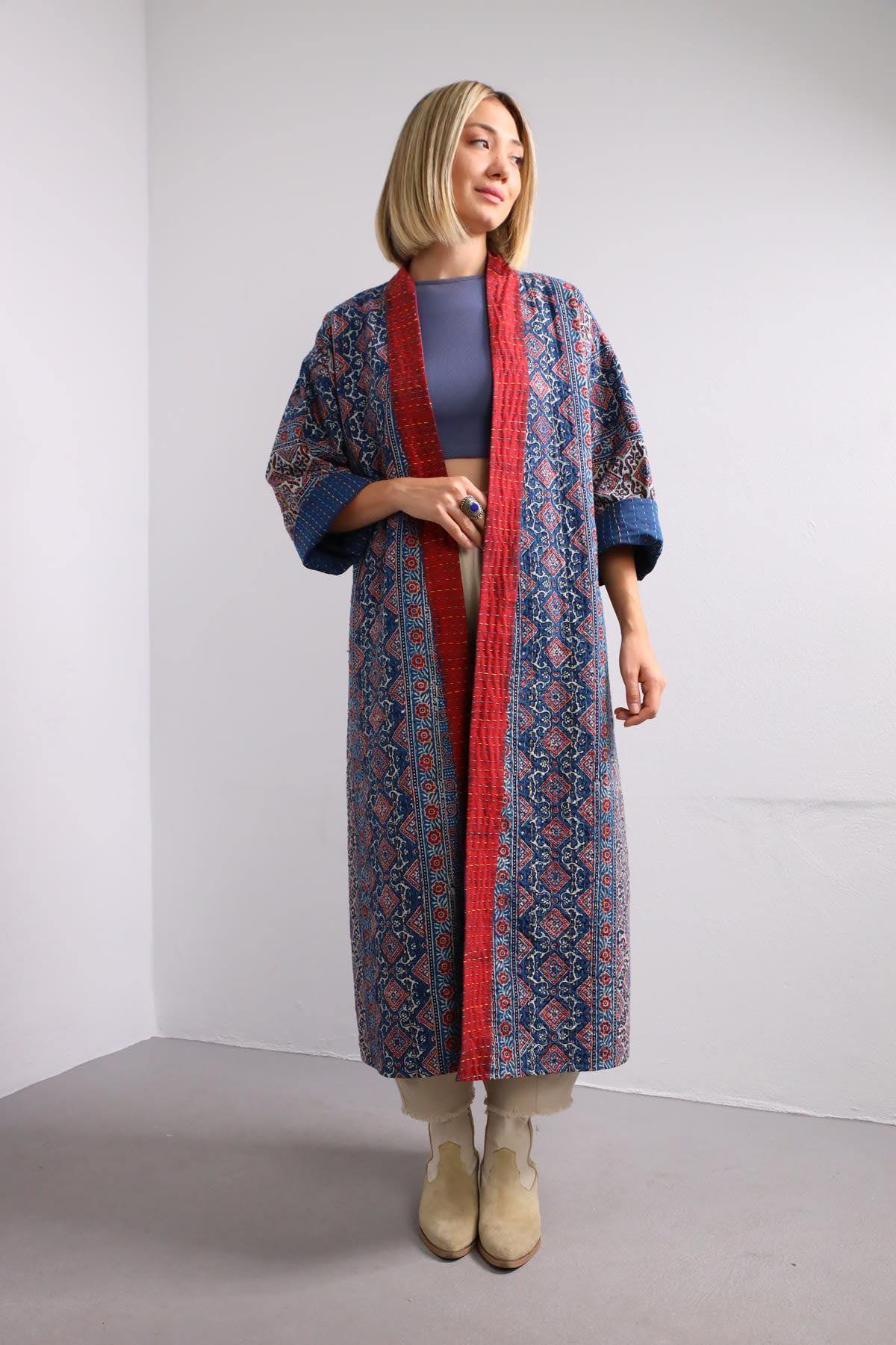  Lacivert Etnik İşlemeli Bohem Kaftan
