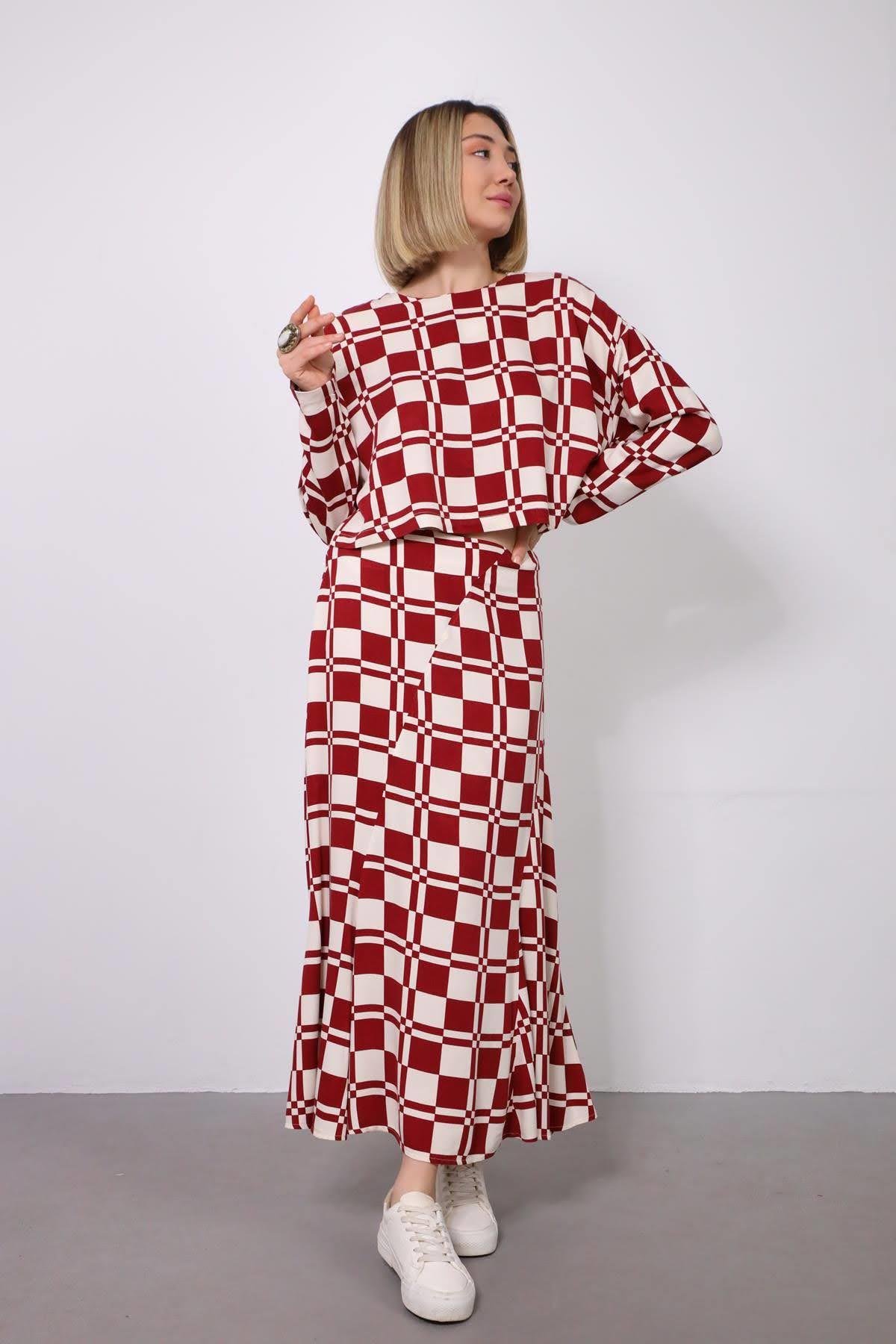 Bordo Ekru Dama Desen Crop Volanlı Etek Takım - Şaman Butik - Bohem Giyim ve Aksesuar | Kadın & Erkek Bordo Ekru Dama Desen Crop Volanlı Etek Takım