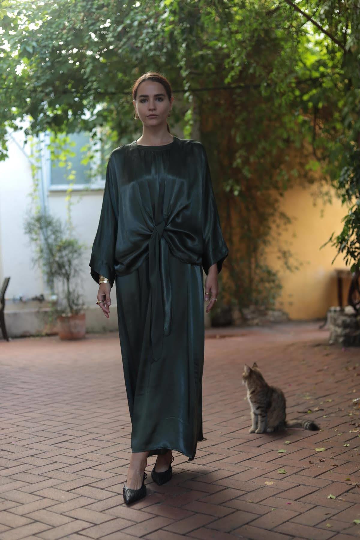 Haki Saten Halter Yaka Elbise ve Bolero Takım