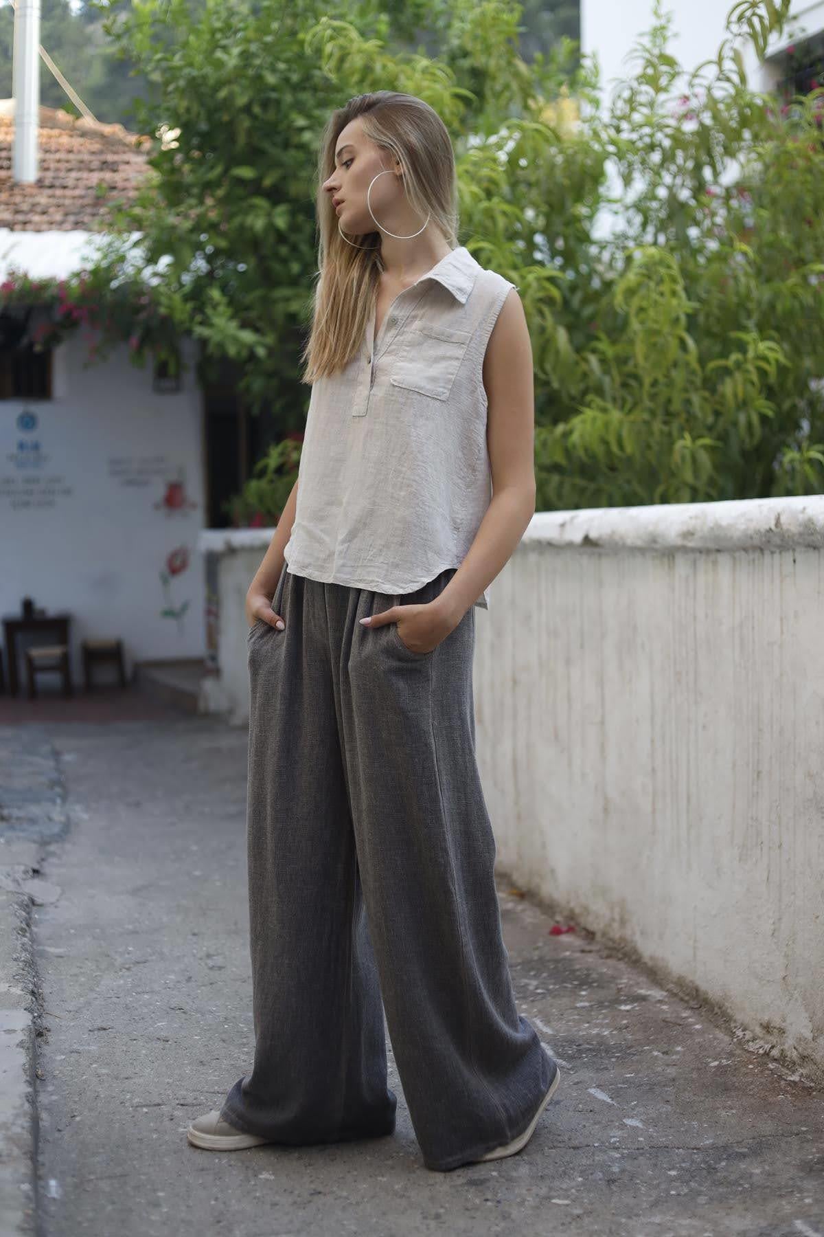 Koyu Vizon Beli Çift Düğmeli Soft Keten Pantolon