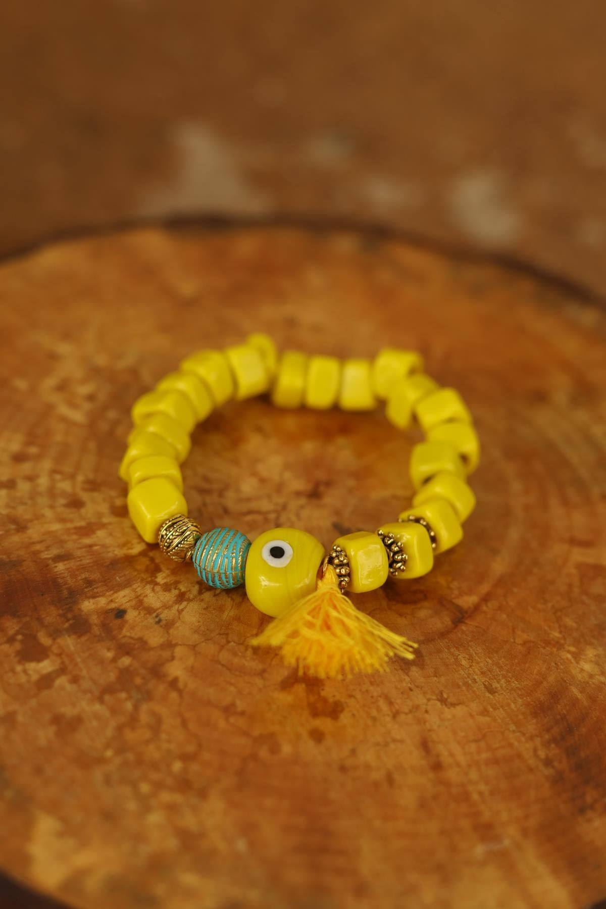 Evil Eye Bead Detailed Yellow Glass Bracelet