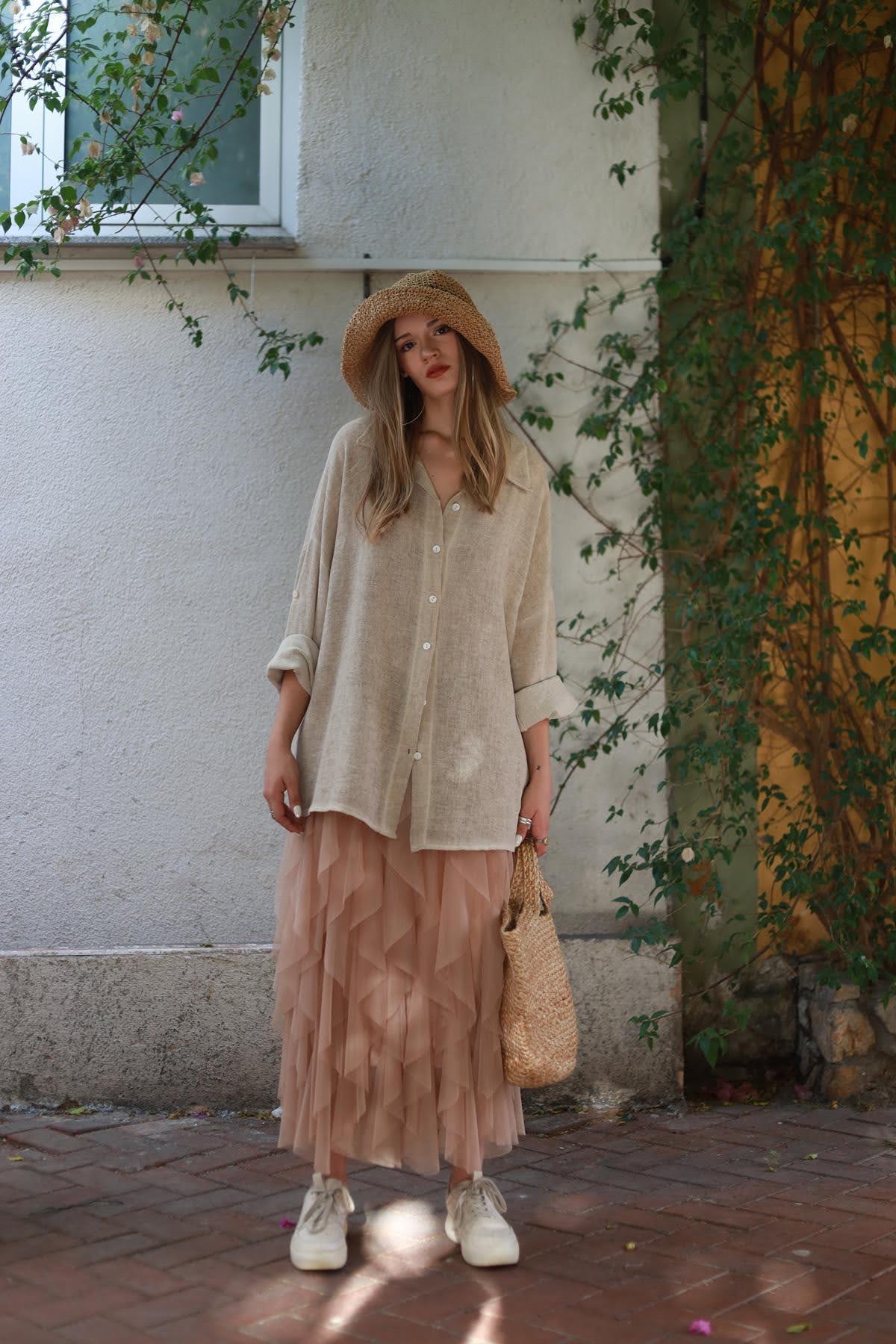 Powder Pink Pigment Washed Flounced Tulle Skirt