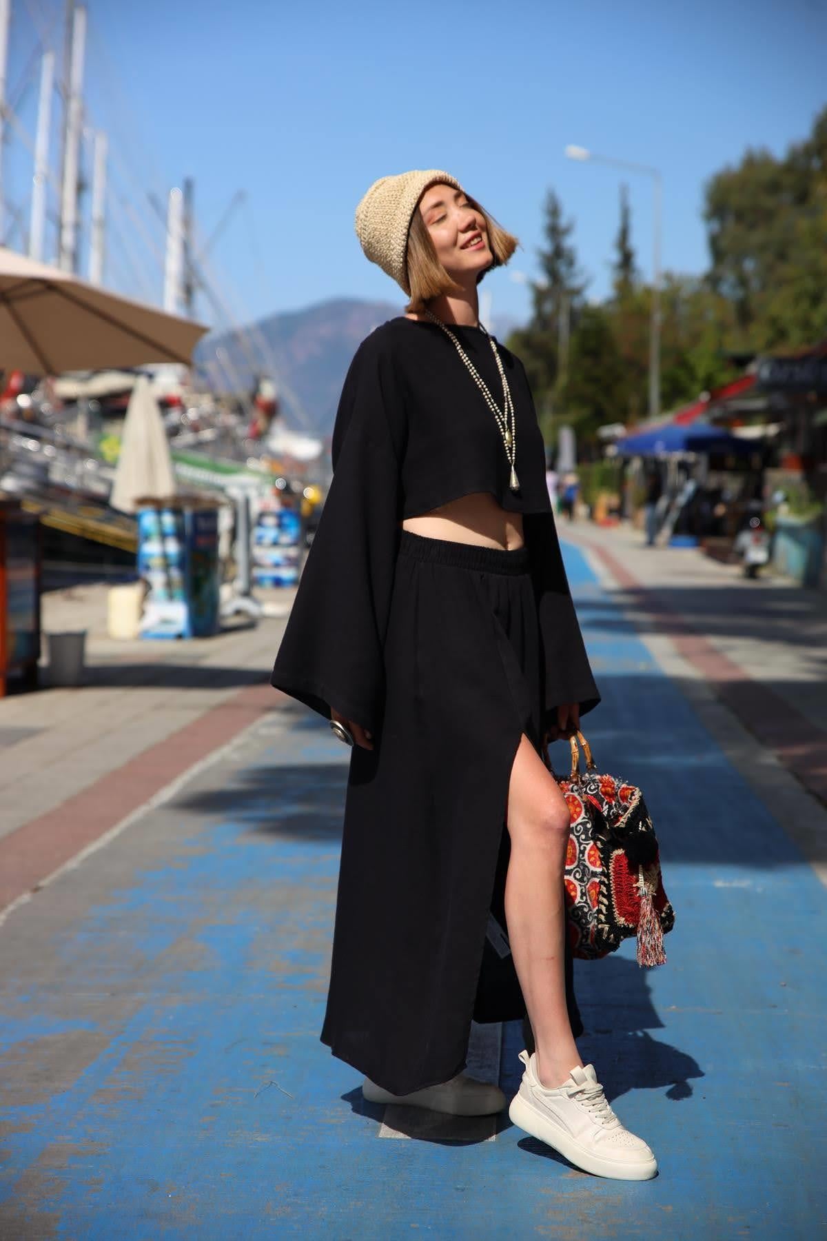 Siyah Yırtmaçlı Etek ve Crop Takım - Şaman Butik Siyah Yırtmaçlı Etek ve Crop Takım