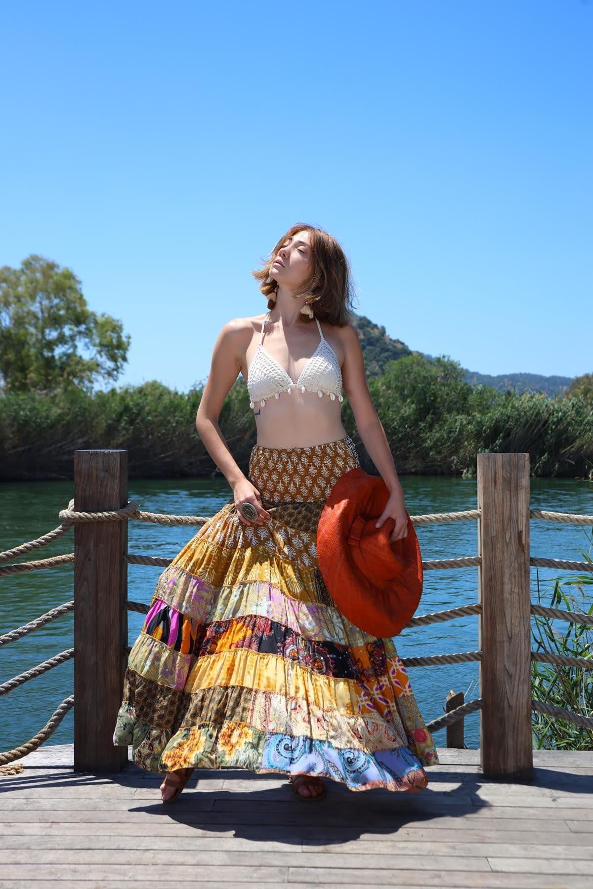 Renkli Beli Lastikli Otantik Desenli Patchwork Etek - Şaman Butik Renkli Beli Lastikli Otantik Desenli Patchwork Etek