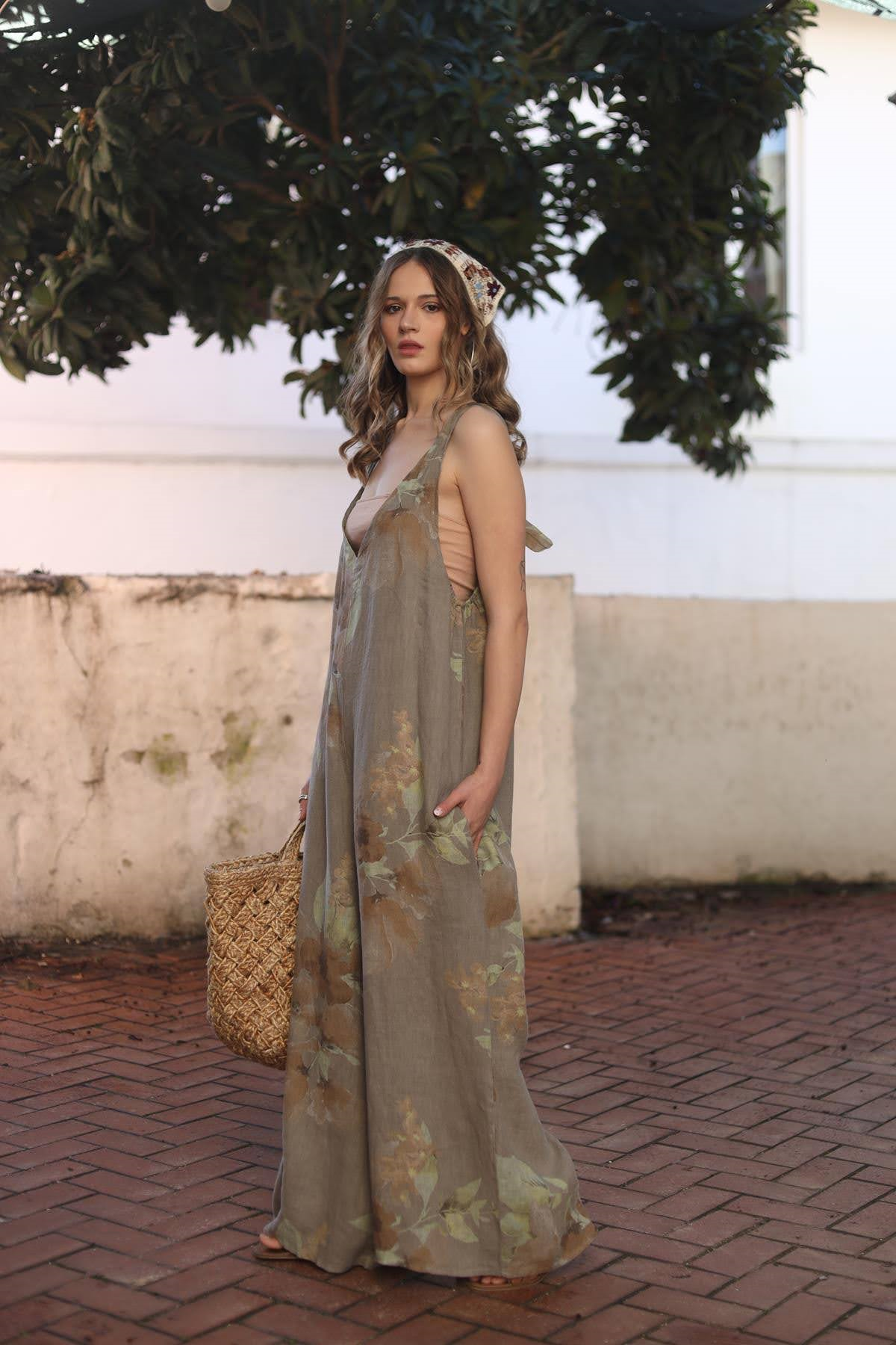 Vizon Rengi Çiçek Desenli Keten Salopet Tulum