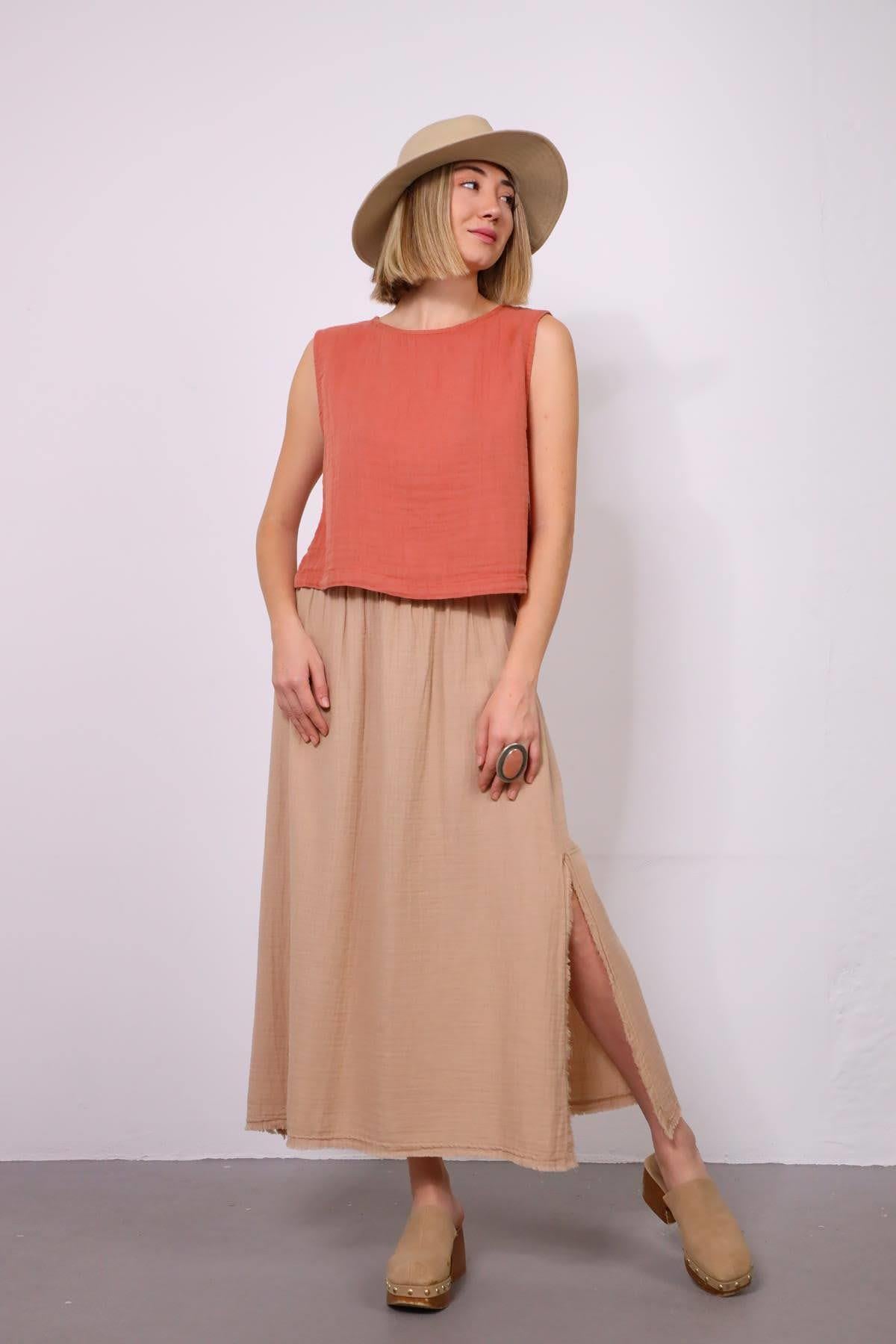 Somon Rengi Kolsuz Crop Bluz - Şaman Butik Somon Rengi Kolsuz Crop Bluz