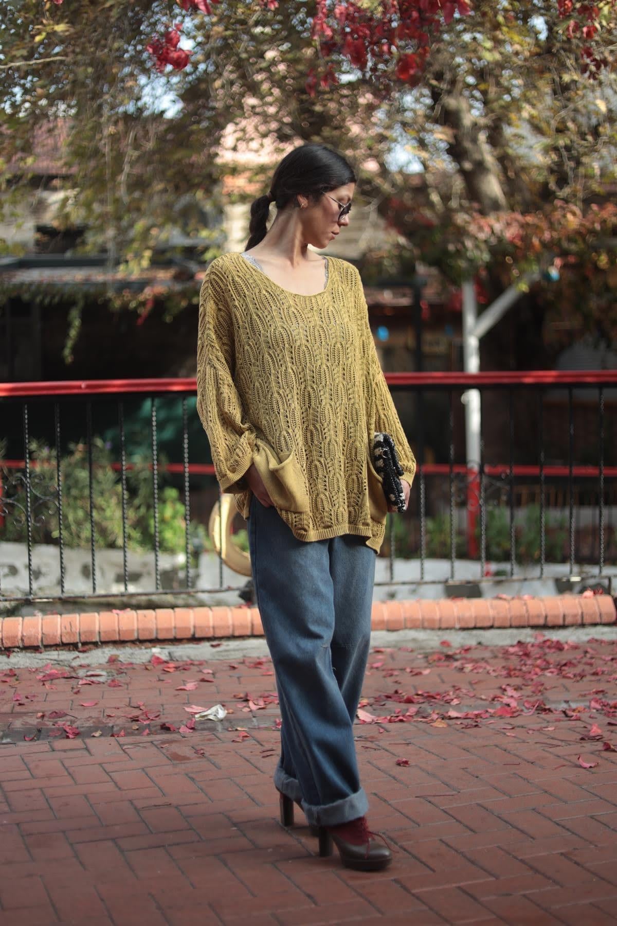 Hardal Rengi Örgü Desenli Yıkama Triko Tunik